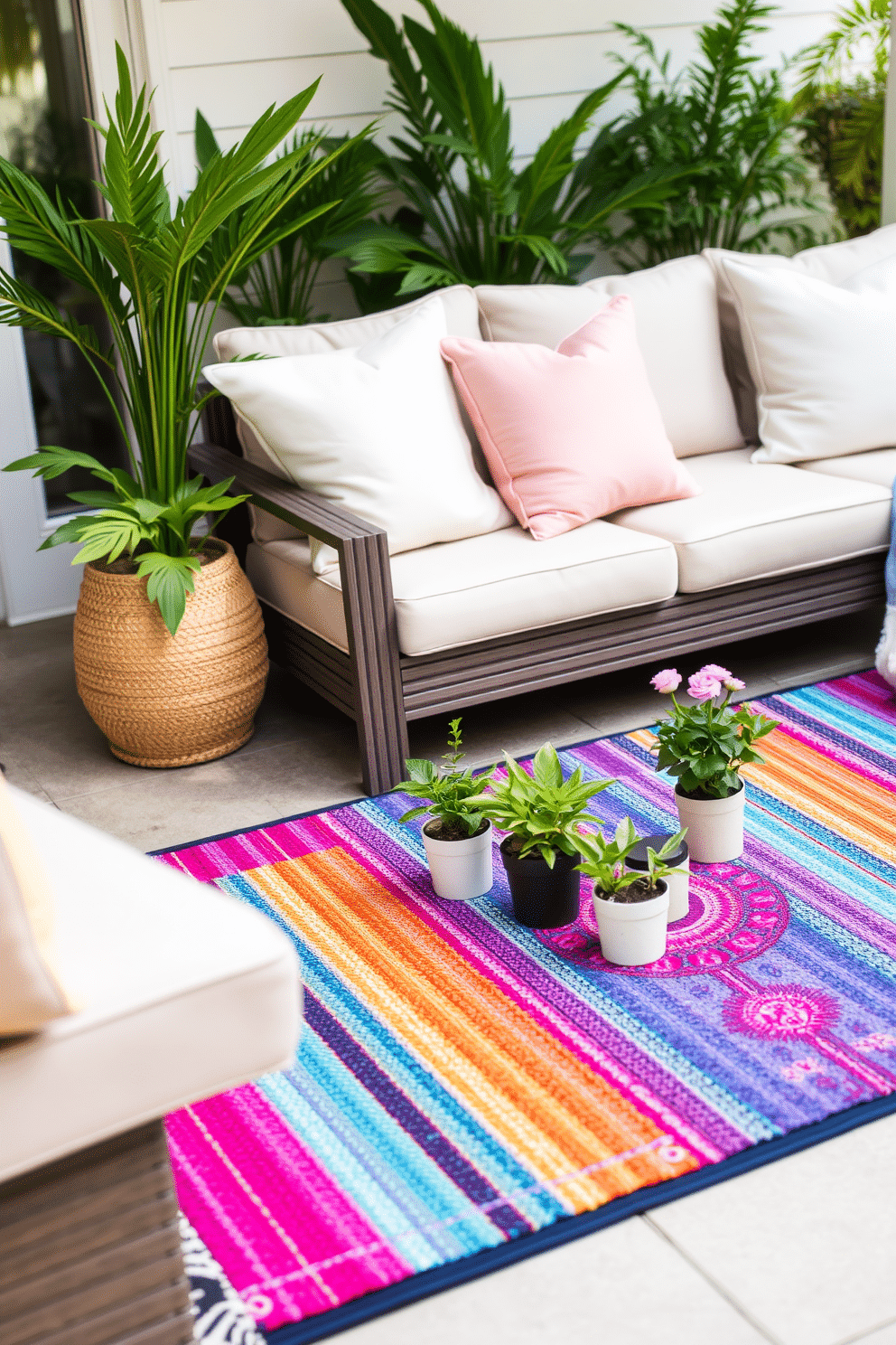 A vibrant outdoor mat is placed in the living room, adding a splash of color and texture to the space. The mat contrasts beautifully with the neutral-toned furniture, creating a lively focal point. Incorporating small potted plants around the mat enhances the fresh spring vibe. The arrangement of cushions in pastel shades complements the mat, making the area feel inviting and cheerful.