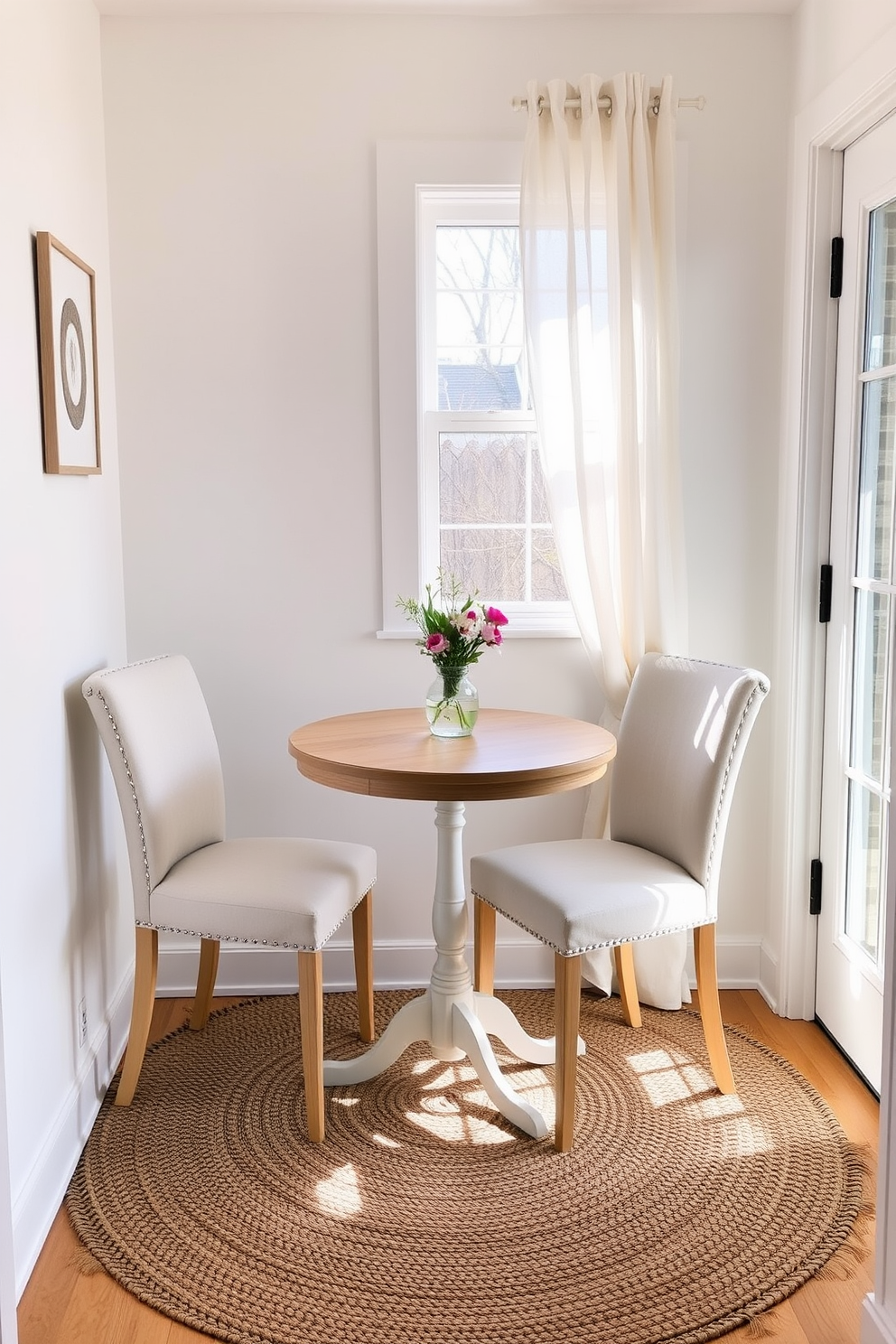 A charming small dining area features a round bistro table with a light wood finish surrounded by two upholstered chairs in a soft pastel color. A small vase of fresh flowers sits in the center of the table, adding a touch of spring to the space. The walls are painted in a bright white to create an airy feel, while a woven rug in muted tones anchors the area. Natural light floods in through a nearby window adorned with sheer curtains, enhancing the cheerful atmosphere.