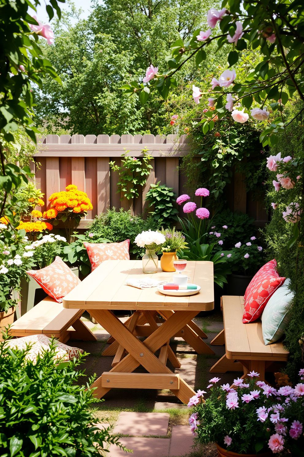 A charming outdoor space designed for springtime gatherings features a foldable picnic table made of light wood, surrounded by colorful cushions for added comfort. Lush greenery and blooming flowers frame the area, creating a vibrant atmosphere perfect for small space entertaining.