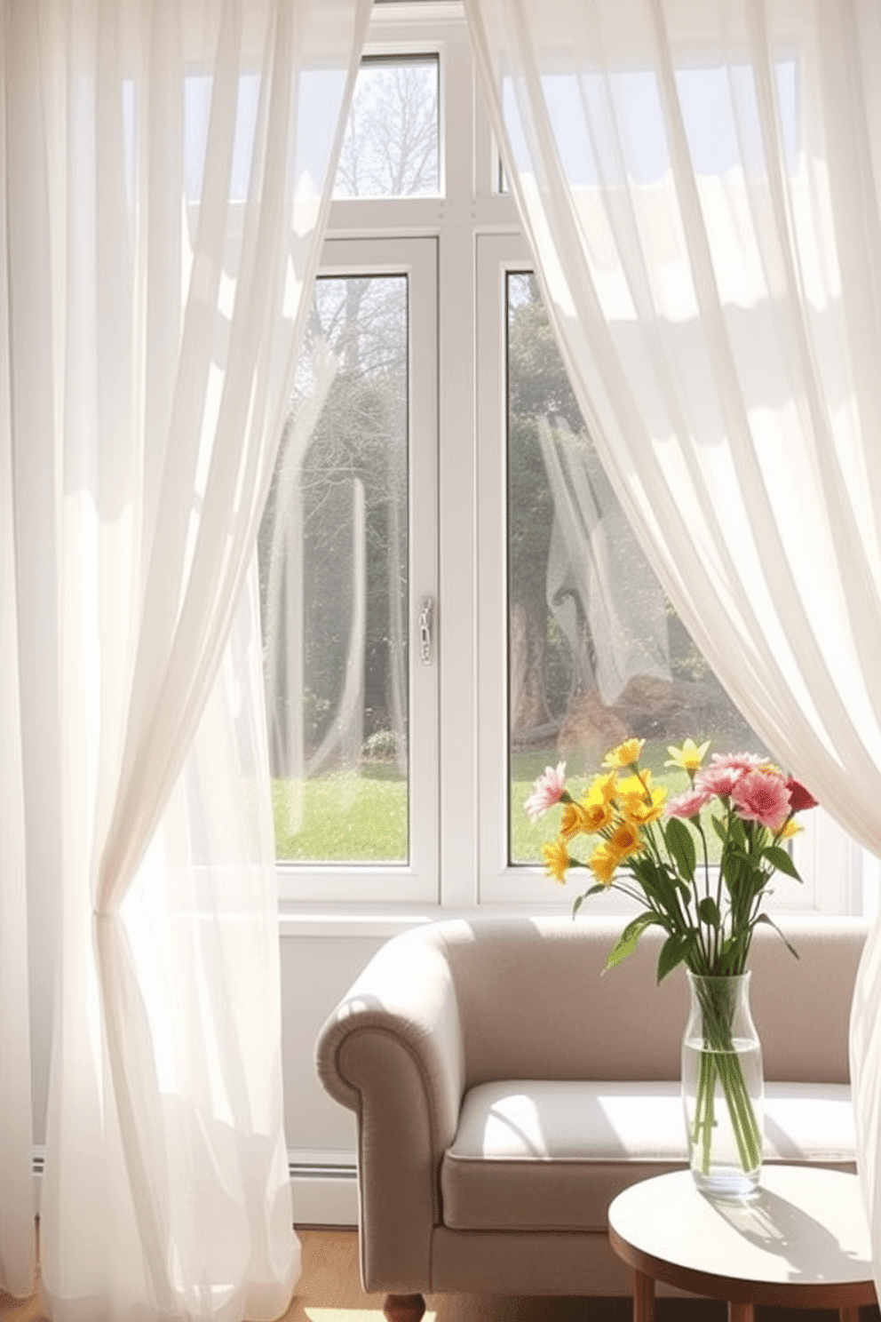 A bright and airy small space filled with natural light. Lightweight sheer curtains frame the window, gently swaying in the breeze, creating an inviting atmosphere. The room features a cozy seating area with a small, stylish sofa and a round coffee table. Fresh flowers in a vase add a pop of color, enhancing the cheerful spring vibe.