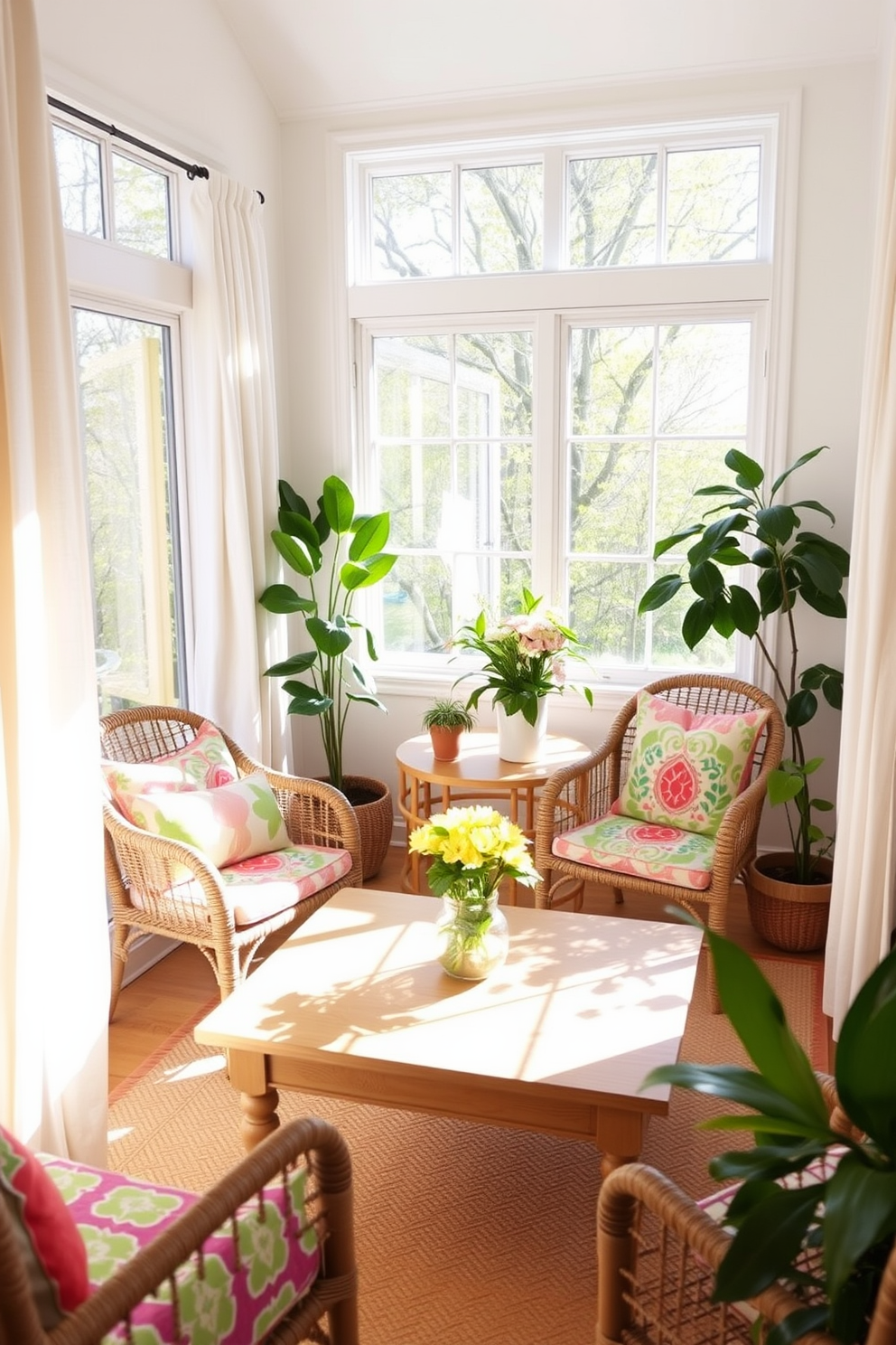 Create a cozy and inviting small living area featuring chairs adorned with colorful patterned cushions that add a pop of visual interest. The space is brightened by natural light streaming through large windows, enhancing the cheerful spring atmosphere. Incorporate a small coffee table with a light wood finish, surrounded by greenery from potted plants that bring life to the room. Use light, airy curtains to complement the decor and create an open, spacious feel despite the limited area.