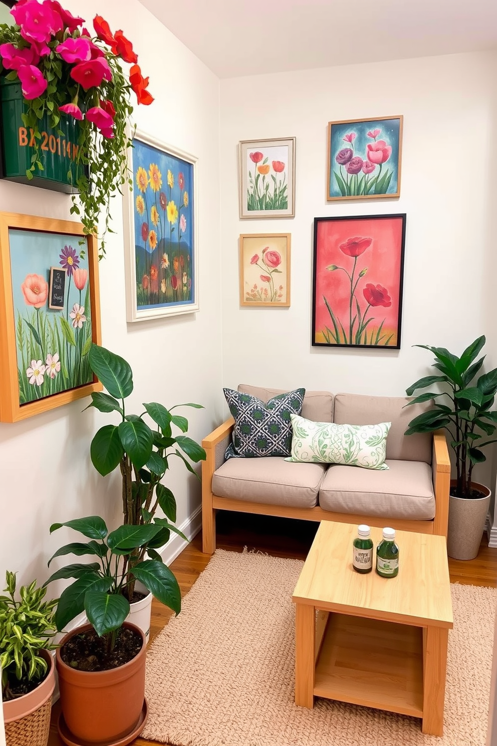 A cozy small space living area adorned with seasonal artwork that reflects the vibrancy of spring. The walls are painted in a soft pastel hue, enhancing the cheerful atmosphere created by the colorful art pieces. A compact sofa is placed against one wall, complemented by a light wooden coffee table. Potted plants are strategically positioned around the room, bringing a touch of nature indoors and enhancing the spring theme.