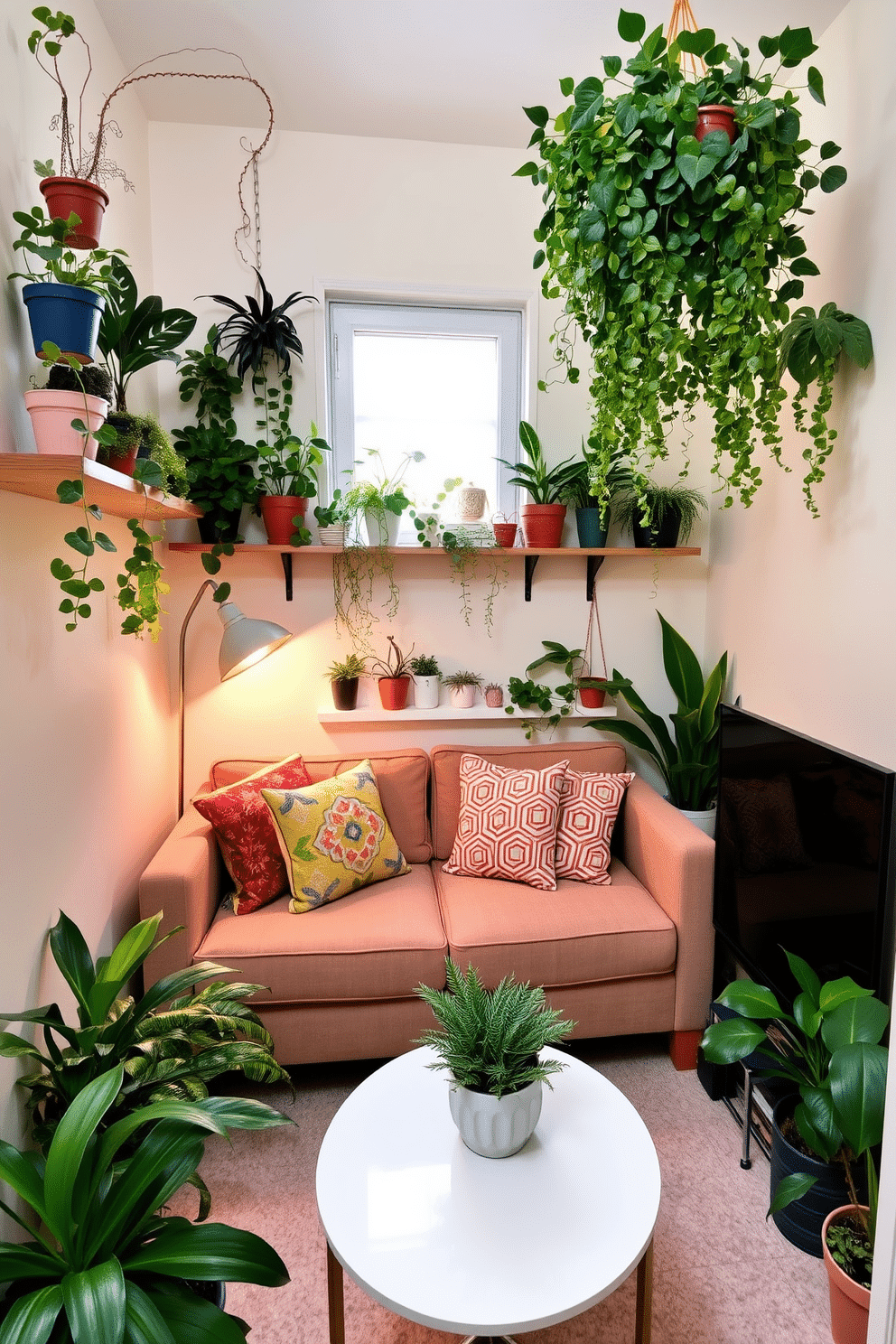 A charming small living space adorned with a mix of real and faux greenery to create a vibrant atmosphere. Potted plants are strategically placed on shelves and in corners, while a faux plant hangs elegantly from the ceiling. The walls are painted in a soft pastel color, enhancing the fresh and airy feel of the room. A cozy seating area features a stylish sofa adorned with colorful cushions, complemented by a small coffee table topped with a decorative plant arrangement.