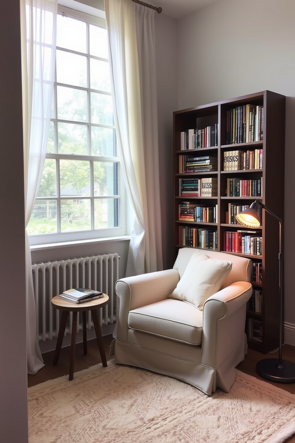 A cozy reading nook featuring a plush armchair in soft pastel fabric positioned next to a small wooden side table. A tall bookshelf filled with colorful books stands against the wall, and a large window allows natural light to flood the space, adorned with sheer white curtains. Incorporate a soft area rug underfoot that adds warmth and texture to the small space. A decorative floor lamp with a warm glow provides additional lighting, creating an inviting atmosphere perfect for curling up with a good book.