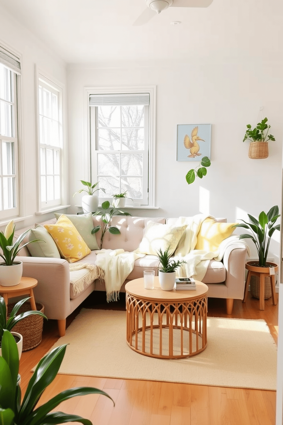 A bright and airy small living space filled with spring energy. The room features a light pastel color palette, with soft yellow and mint green accents throughout. A cozy sofa adorned with lightweight floral throw blankets invites relaxation. Potted plants in the corners add a touch of freshness and vibrancy to the decor.