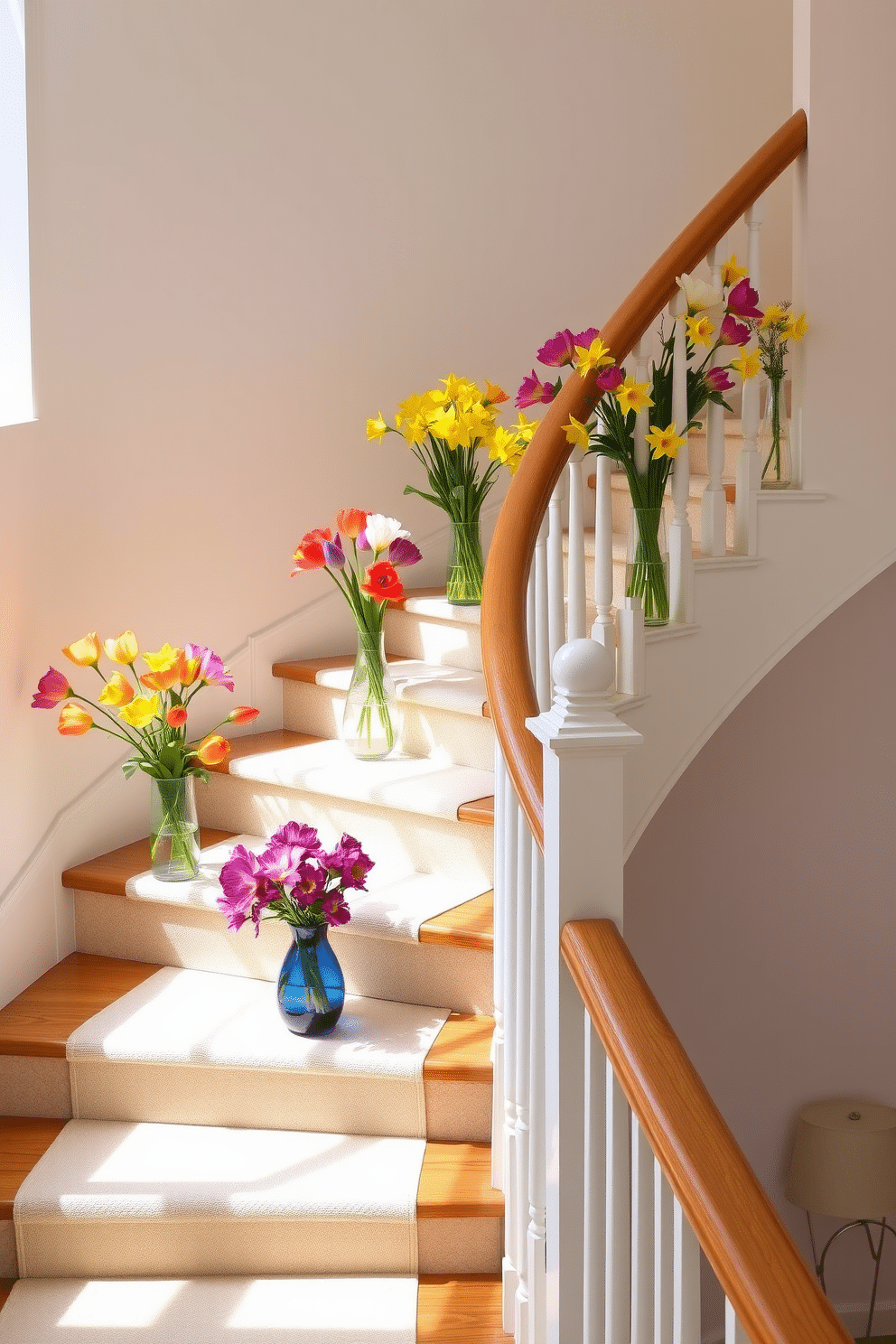 Fresh flowers in colorful vases are arranged along the banister of a winding staircase. The vibrant blooms add a cheerful touch to the soft white walls and polished wooden steps. Delicate arrangements of tulips and daffodils complement the natural light streaming in from a nearby window. The staircase is adorned with a light pastel runner that enhances the springtime ambiance.