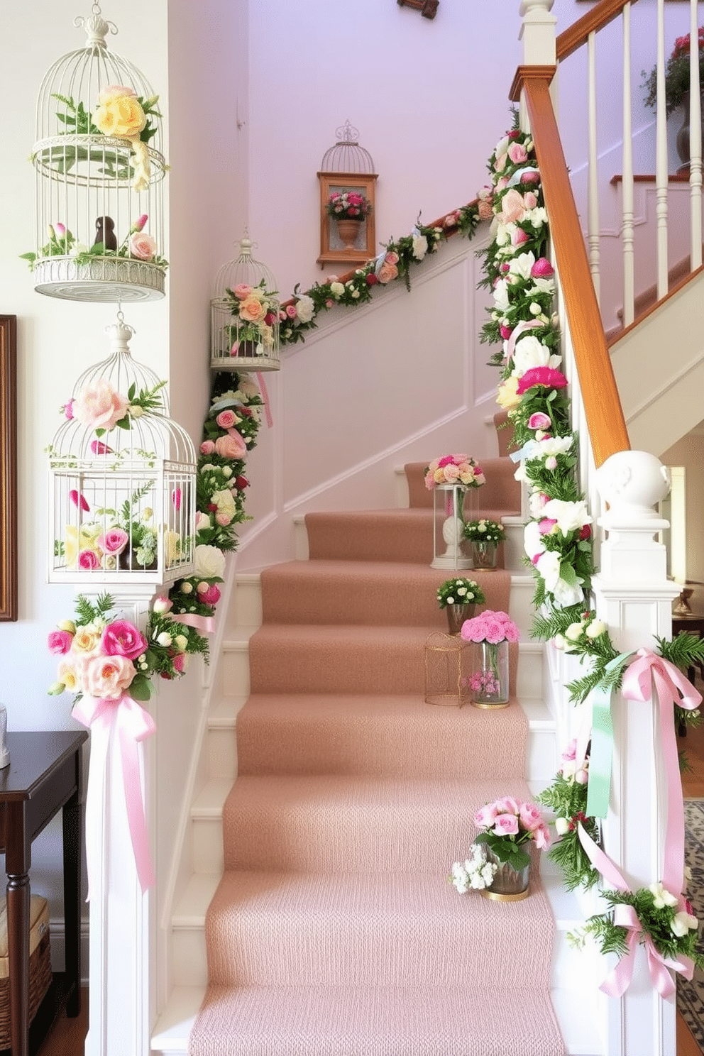 Birdcages filled with spring decor. Each birdcage is adorned with colorful flowers and delicate greenery, creating a vibrant and cheerful atmosphere. Spring staircase decorating ideas. The staircase is lined with garlands of fresh blooms and pastel ribbons, leading to a beautifully arranged display of seasonal decorations on each step.