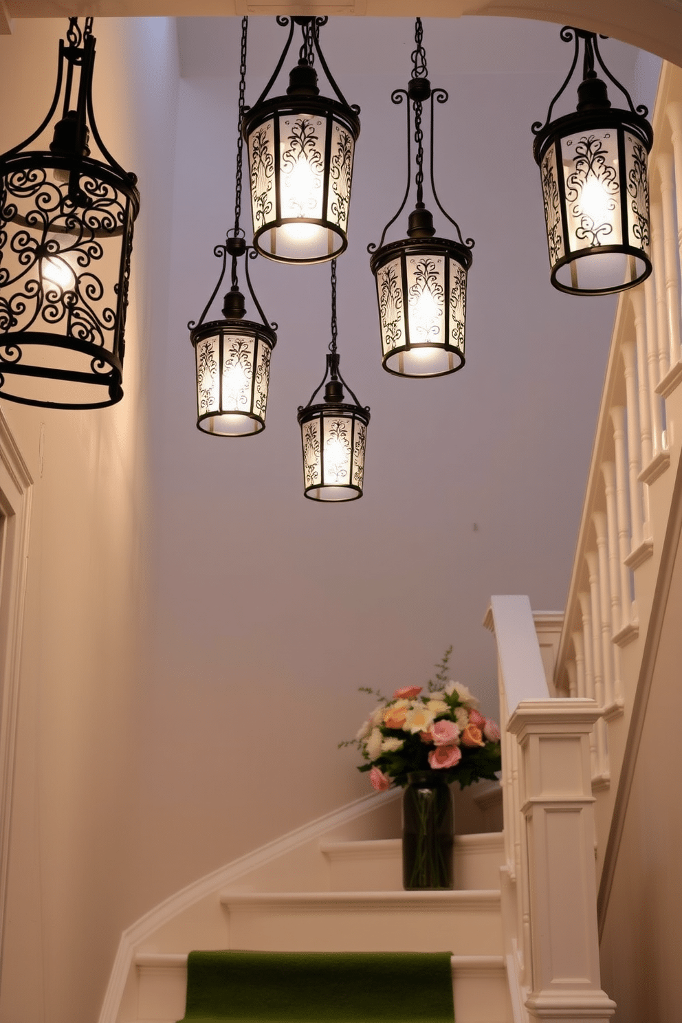 A beautiful staircase adorned with elegant hanging lanterns that emit a warm and inviting glow. The lanterns are crafted from wrought iron with intricate designs, suspended at varying heights to create a dynamic visual effect. The staircase is painted in a soft white hue, complemented by a lush green runner that adds a touch of spring. Fresh floral arrangements in pastel colors are placed on the staircase landing, enhancing the cheerful and welcoming atmosphere.