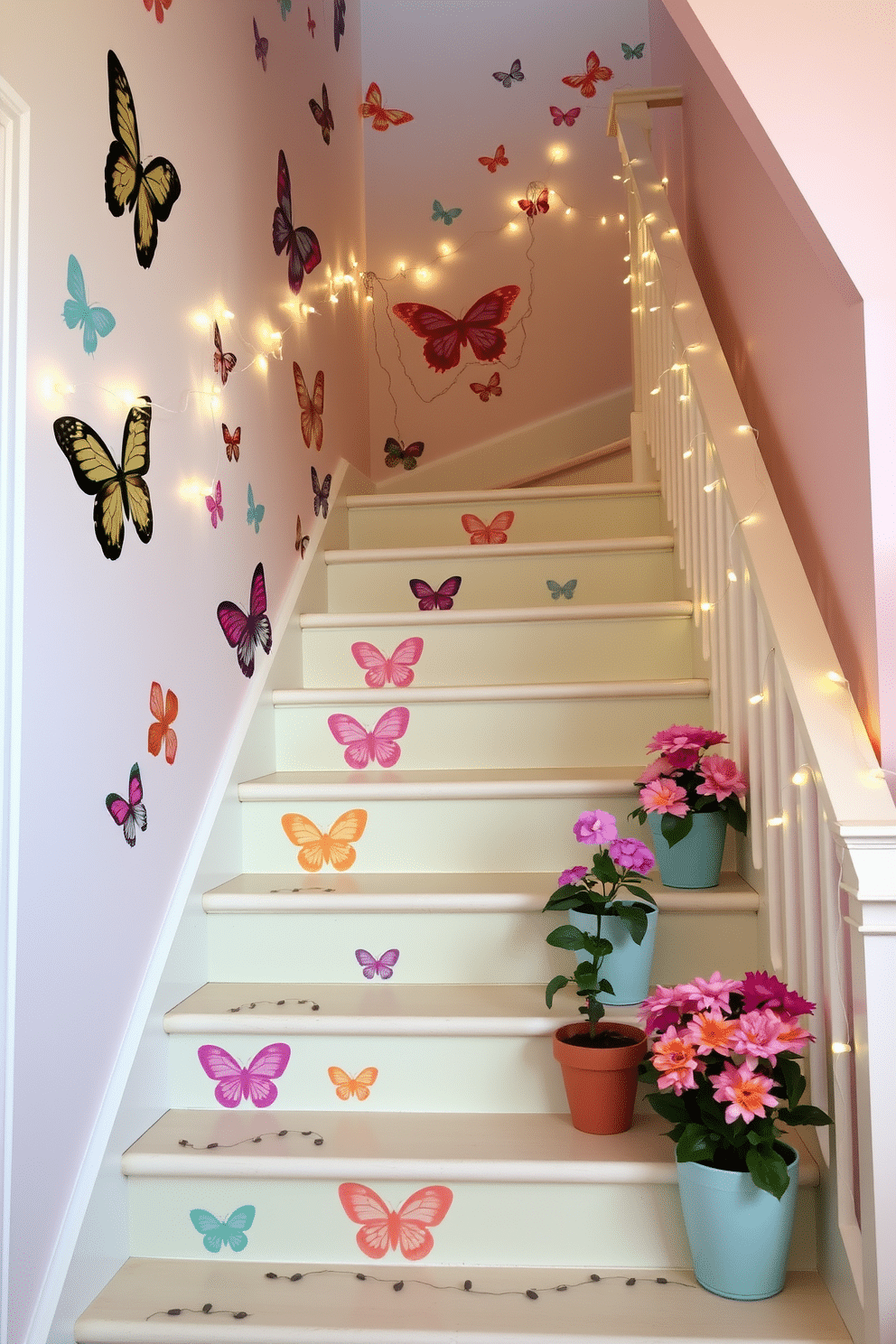 A whimsical staircase adorned with colorful wall decals of butterflies creates a playful and inviting atmosphere. The staircase features a soft pastel color palette, with each step showcasing a different butterfly design that adds a touch of charm and creativity. Delicate fairy lights are intertwined along the banister, enhancing the enchanting feel of the space. Potted plants with vibrant blooms are placed on the steps, bringing a fresh and lively element to the overall decor.