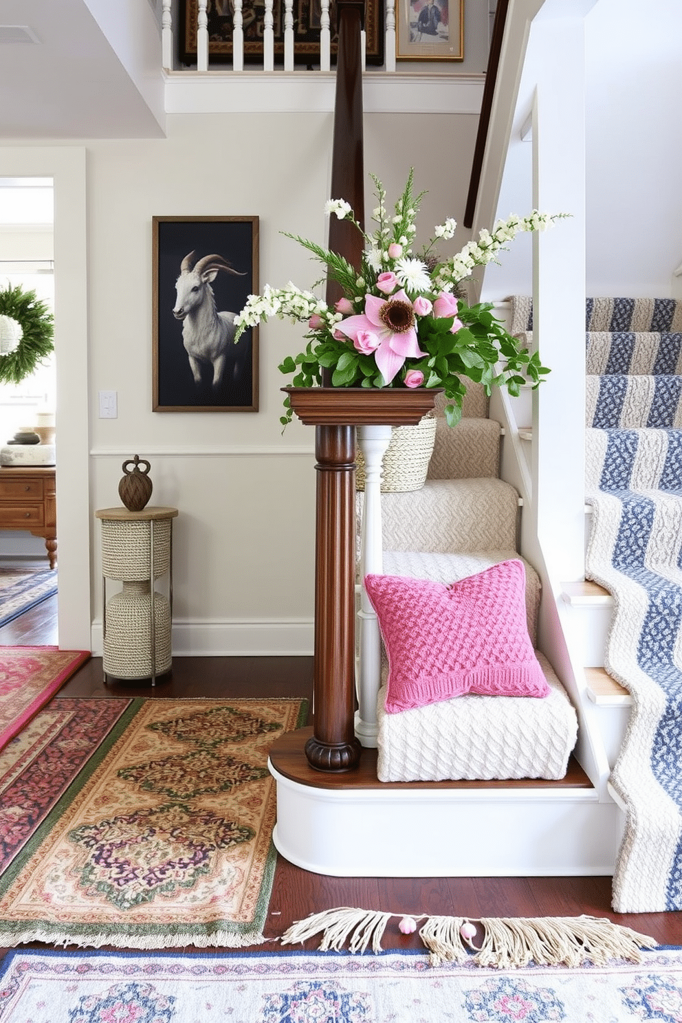 Layered rugs add depth and coziness to a space, creating an inviting atmosphere. A combination of different textures and patterns can enhance the visual interest of your interior design. For a spring staircase, consider incorporating fresh greenery and vibrant floral arrangements. Accentuate the staircase with soft pastel colors and decorative elements that reflect the season's rejuvenation.