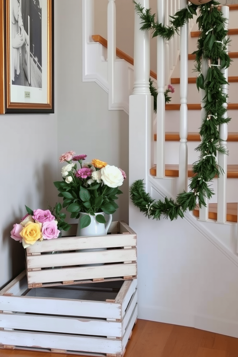 Vintage crates for decorative storage. Stacked in a cozy corner, these weathered wooden crates add character and charm while providing functional storage options. Spring staircase decorating ideas. Adorn the staircase with fresh flowers in pastel vases and hang delicate garlands made of greenery to create a vibrant and inviting atmosphere.