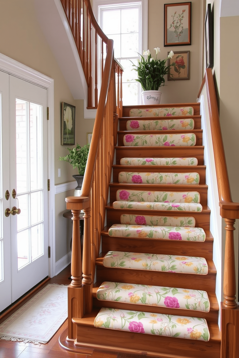 Cushioned stair treads in vibrant floral patterns adorn a graceful staircase, adding a touch of spring to the home. The treads create a cozy and inviting atmosphere, perfectly complementing the natural light filtering through the nearby windows. Delicate floral designs in soft pastels contrast beautifully with the wooden staircase, enhancing its elegance. Decorative accents like potted plants and artful wall hangings further elevate the springtime charm of the space.