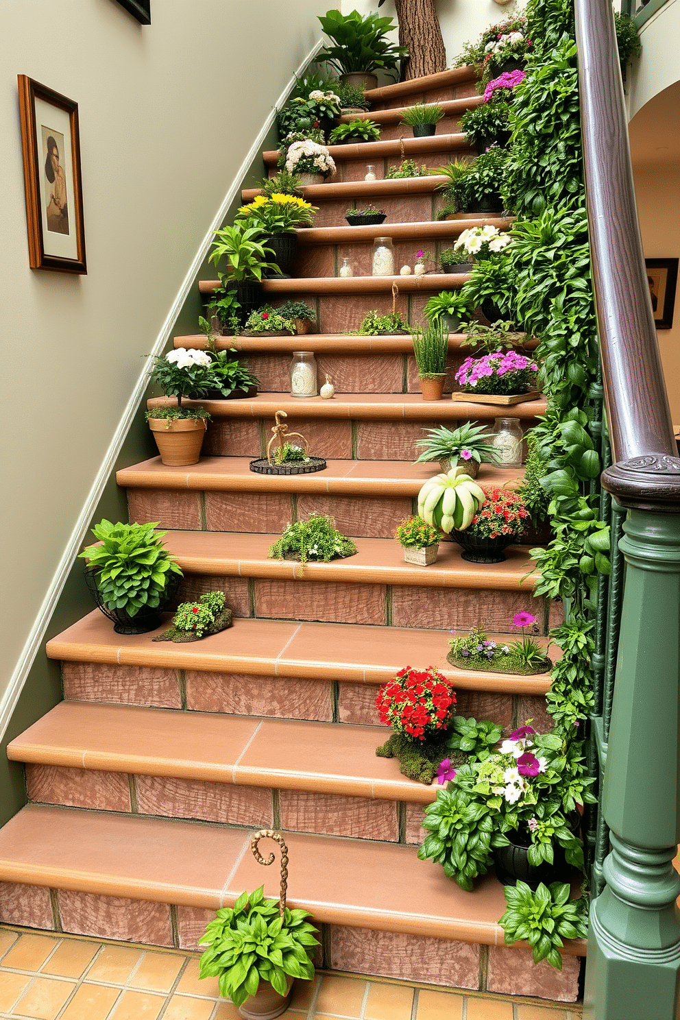 A charming staircase adorned with miniature garden displays on each step. Lush greenery and colorful flowers create a vibrant atmosphere, inviting nature indoors.