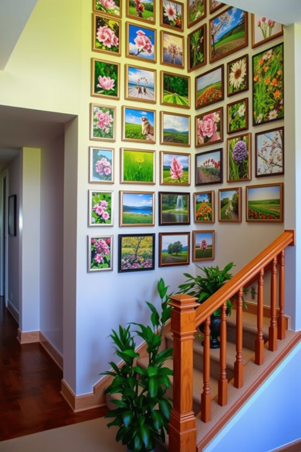 A stunning staircase gallery wall adorned with vibrant spring photos. The wall features an array of framed images showcasing blooming flowers and lush landscapes, creating a cheerful atmosphere. The staircase itself is elegantly designed with wooden railings and a light-colored runner. Potted plants are placed at the base, adding a touch of greenery and freshness to the space.