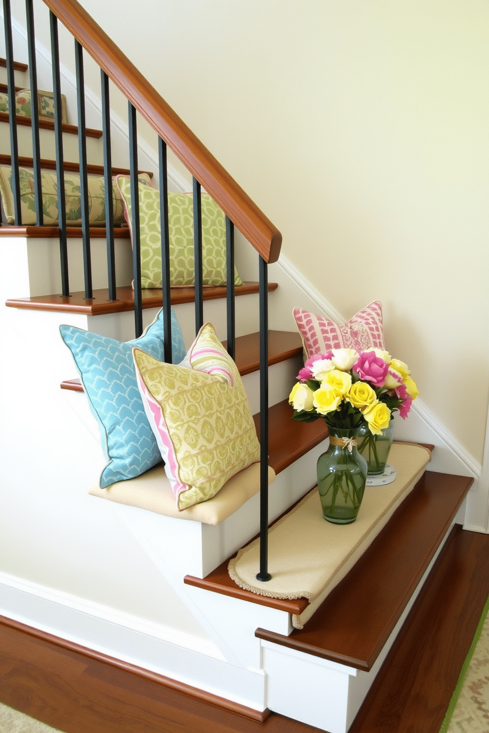 Colorful throw pillows are arranged on landing seats, adding a vibrant touch to the space. The pillows feature a mix of patterns and textures, creating a cozy and inviting atmosphere. Spring staircase decorating ideas include fresh flowers placed in decorative vases along the steps. Soft pastel colors and seasonal accents enhance the overall aesthetic, making the staircase a focal point of the home.