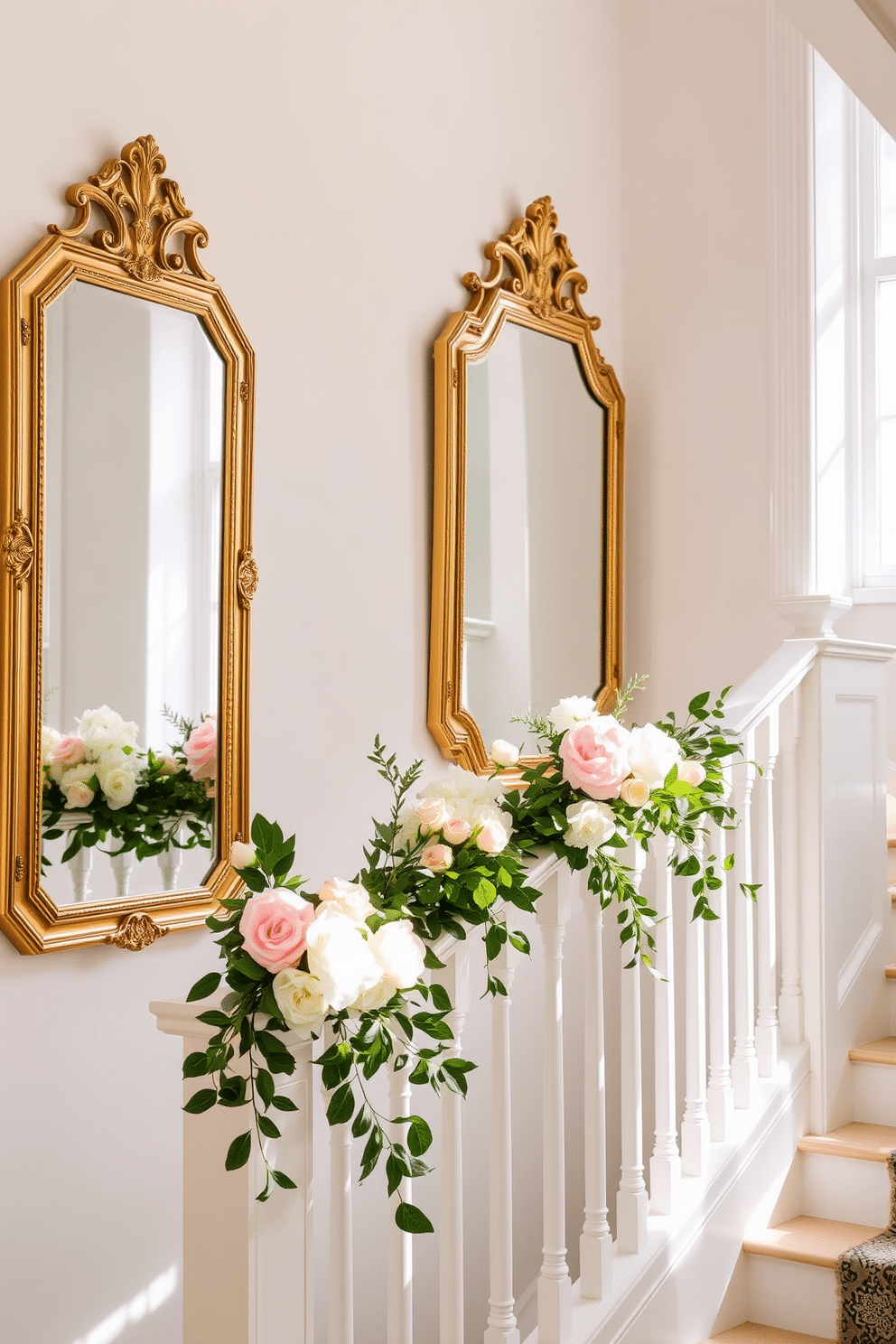 A bright and airy staircase adorned with decorative mirrors that reflect natural light. The mirrors are framed in elegant gold, enhancing the overall sophistication of the space. Lush greenery and pastel floral arrangements are artfully placed along the staircase railing. Soft, ambient lighting highlights the mirrors, creating a warm and inviting atmosphere.