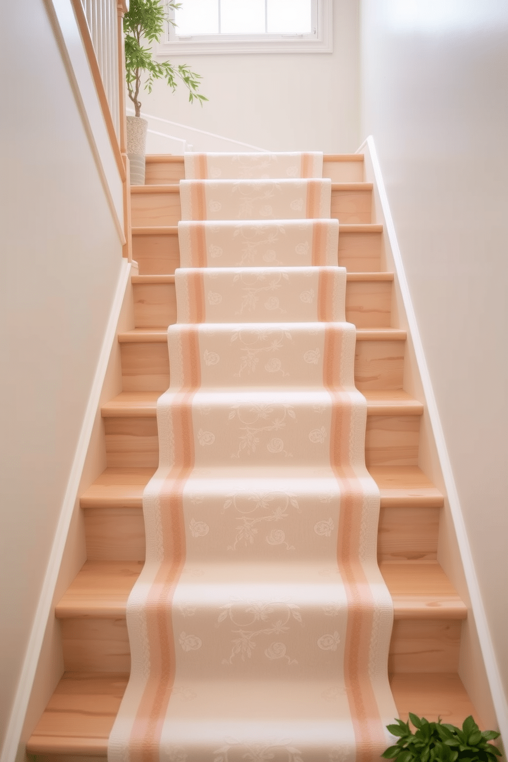 A pastel colored stair runner gently cascades down a gracefully curved staircase. The soft hues complement the light wood of the stairs, creating a serene and inviting atmosphere. Delicate floral patterns adorn the runner, adding a touch of spring charm to the space. Fresh greenery in decorative pots flanks the staircase, enhancing the seasonal decor.