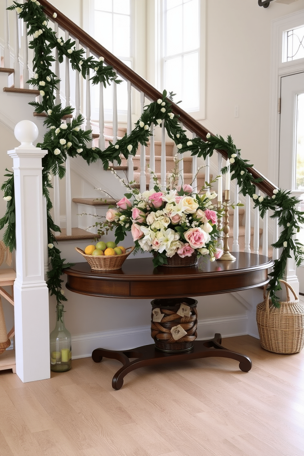 A beautifully decorated staircase landing featuring a seasonal table arrangement for spring. The table is adorned with a vibrant floral centerpiece, showcasing fresh blooms in pastel colors, complemented by decorative candles and a woven basket filled with seasonal fruits. The staircase is elegantly styled with a garland of greenery draped along the banister, interspersed with delicate blossoms. Soft, natural light filters in through nearby windows, enhancing the cheerful ambiance of the spring setting.