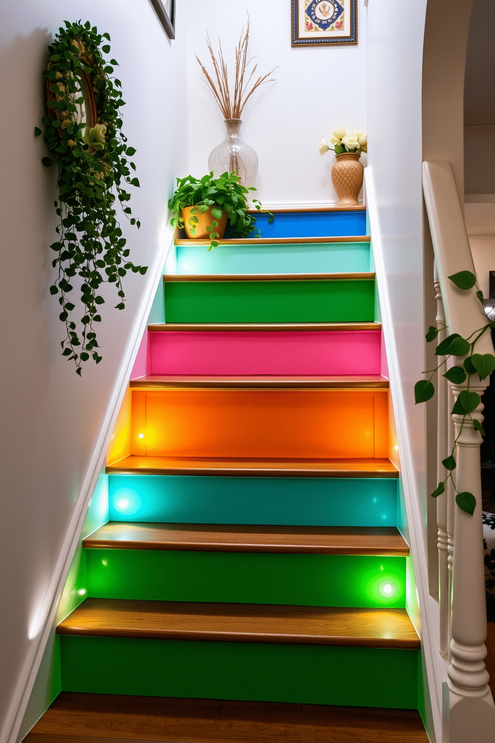 Brightly painted stair risers create a vibrant and cheerful atmosphere in any home. Each riser features a different color, adding a playful touch that complements the surrounding decor. The staircase is adorned with lush greenery and decorative elements that enhance its charm. Soft lighting illuminates the space, highlighting the colorful risers and creating an inviting ambiance.