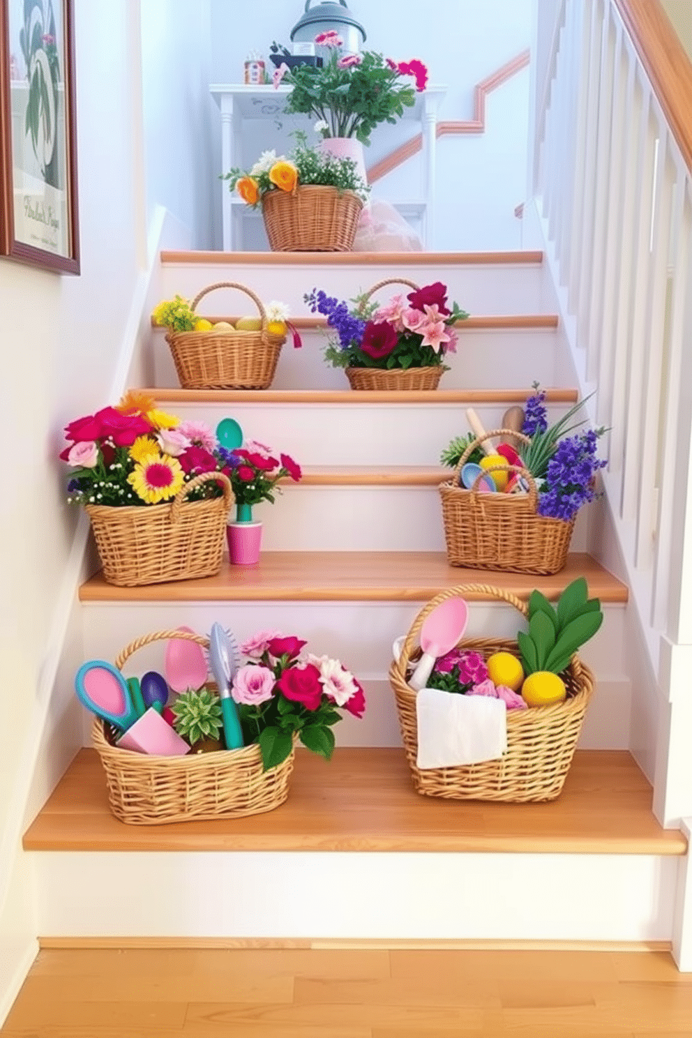 Baskets filled with spring essentials are arranged on the steps of a bright and airy staircase. Each basket is woven and contains colorful flowers, gardening tools, and fresh fruits, creating a cheerful and inviting atmosphere. The staircase itself features a light wood finish with white risers, enhancing the spring theme. Soft pastel accents in the surrounding decor complement the vibrant colors of the baskets, making the space feel warm and welcoming.