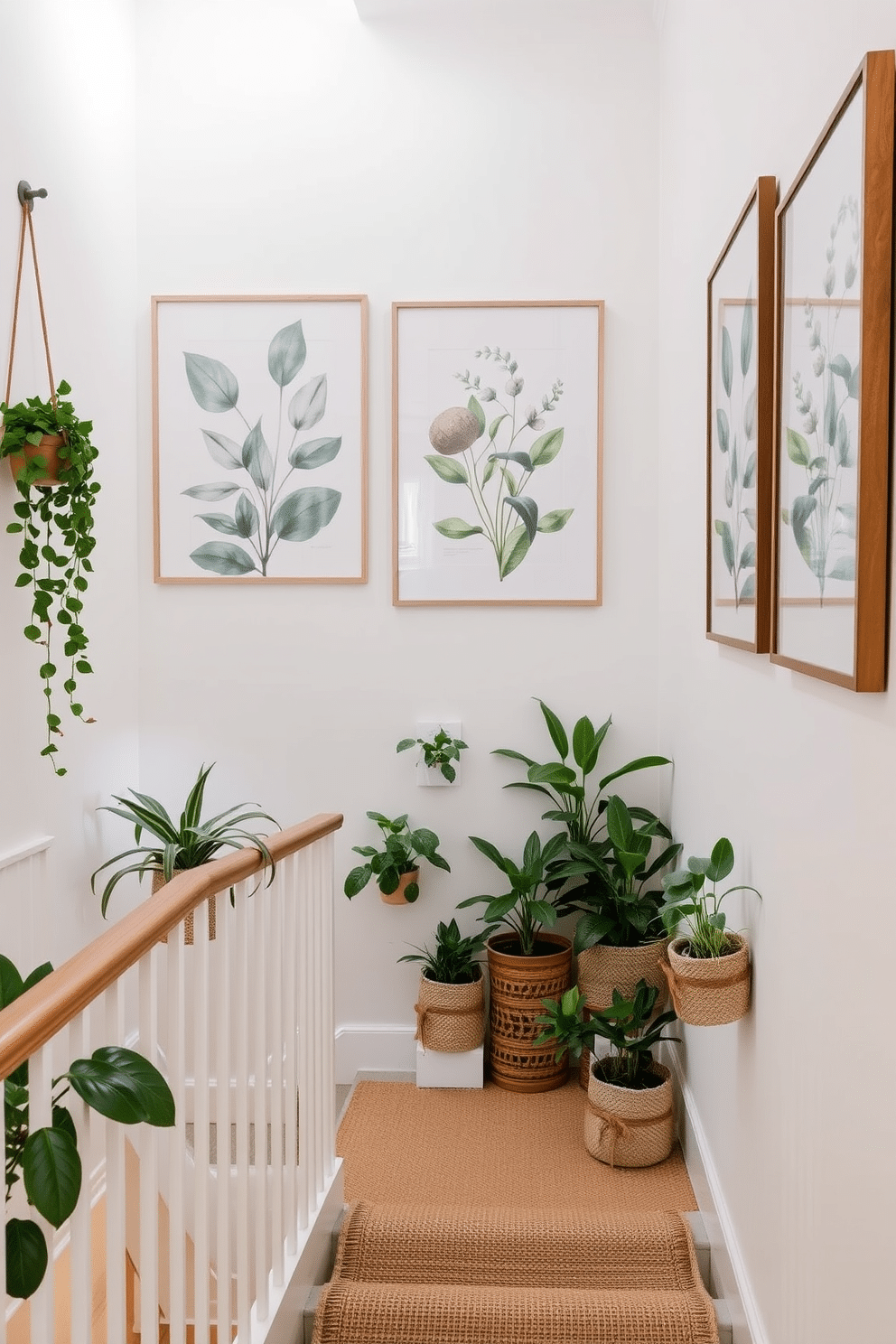 A serene staircase adorned with nature-inspired wall art and prints. The walls feature large botanical prints in soft greens and earth tones, creating a calming atmosphere. The staircase is decorated with a mix of potted plants and hanging planters. Natural wood accents and a jute runner enhance the organic feel of the space.