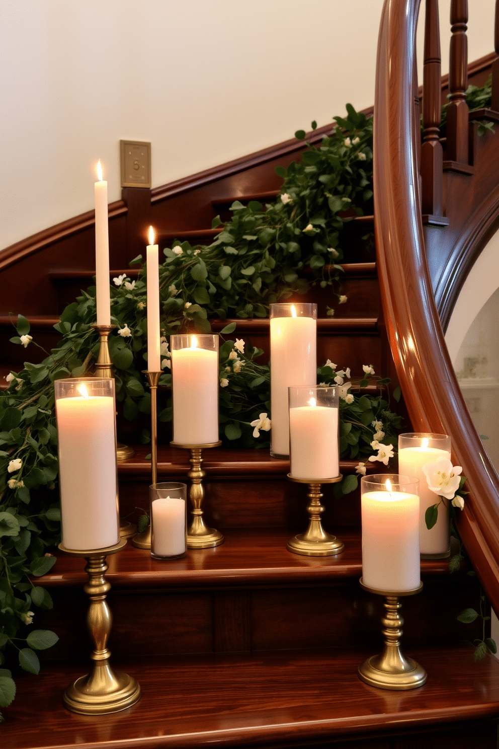 Elegant candles in varied heights are arranged on a beautifully crafted wooden staircase. The soft glow of the candles creates a warm and inviting ambiance, enhancing the elegance of the space. Delicate floral arrangements complement the candles, adding a touch of spring freshness. The staircase is adorned with lush greenery, creating a harmonious blend of nature and sophistication.