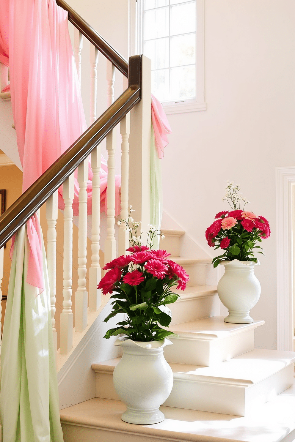 A bright and airy spring staircase adorned with soft fabric drapes in pastel colors cascading elegantly down the railings. Fresh flowers in vibrant hues are arranged in decorative pots placed at each landing, adding a cheerful touch to the space.