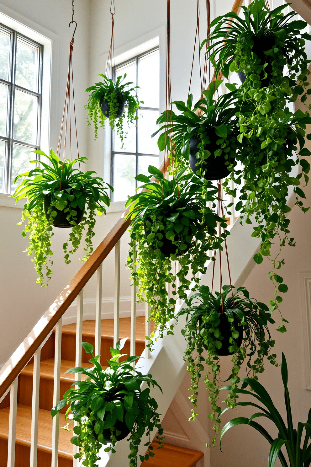 Hanging planters adorned with lush green plants cascade down a beautifully designed staircase. The vibrant foliage adds a refreshing touch, creating a seamless integration of nature into the home. The staircase features a modern railing that complements the planters, enhancing the overall aesthetic. Soft, natural light filters through nearby windows, illuminating the greenery and creating a welcoming atmosphere.