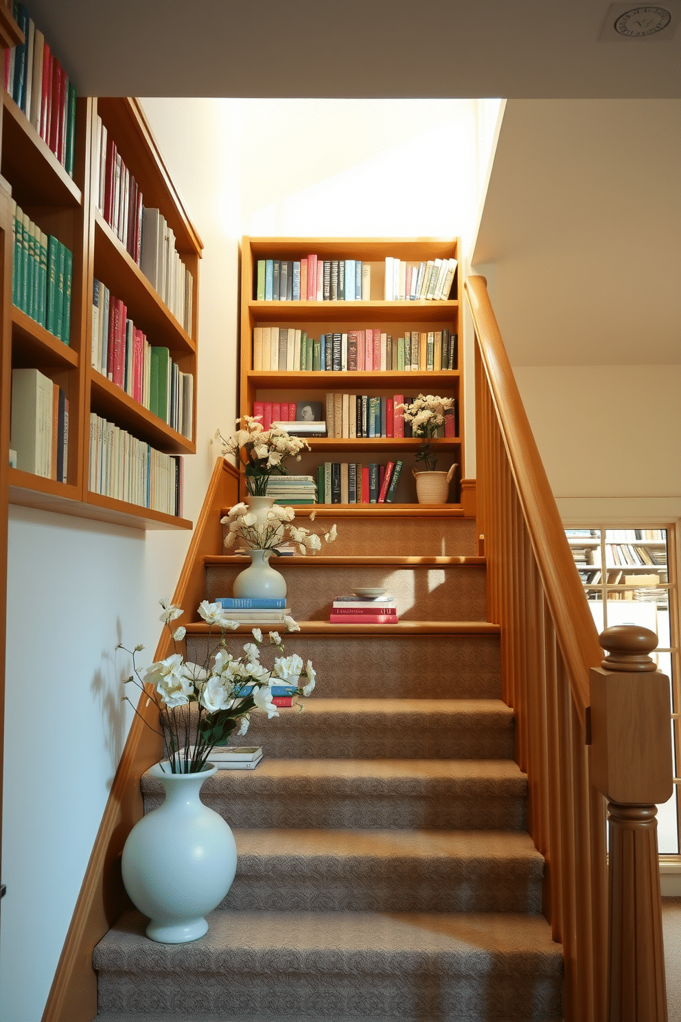 A charming staircase adorned with pastel colored books neatly arranged on wooden shelves. The soft hues of the books complement the light, airy atmosphere of the space, creating a welcoming and cheerful environment. Delicate floral arrangements are placed strategically along the staircase, adding a touch of spring elegance. The overall design features light-colored walls and a warm wooden banister, enhancing the fresh and vibrant feel of the decor.