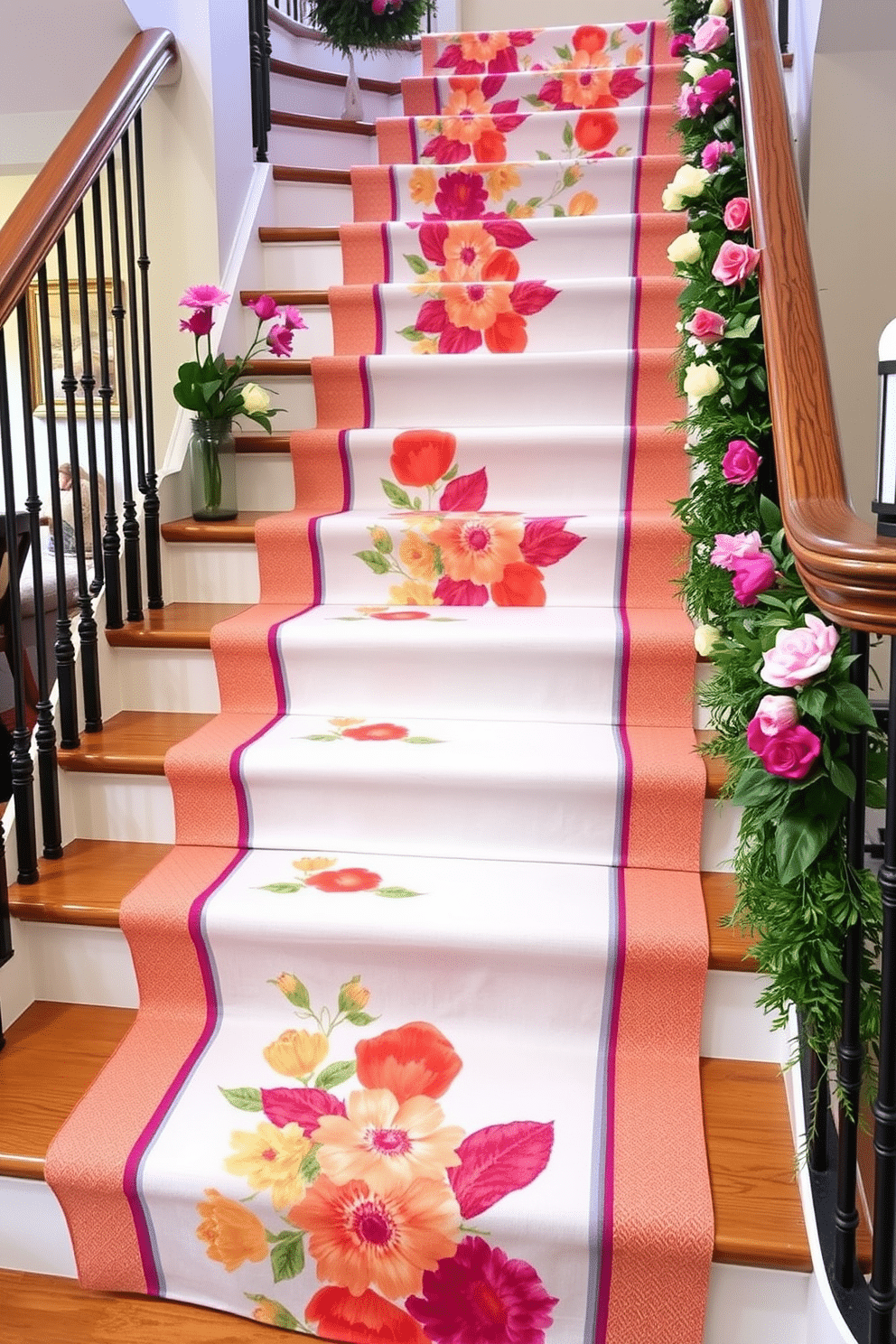 A beautifully decorated staircase adorned with seasonal table runners that showcase vibrant spring colors. The runners drape gracefully over each step, complemented by fresh flowers and greenery arranged along the railing.