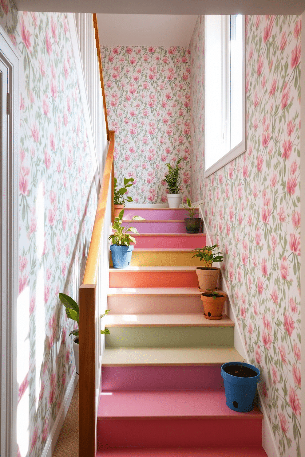 A vibrant and inviting staircase adorned with creative patterned wallpaper that adds a touch of personality and charm. The wallpaper features a floral design in soft pastels, complementing the natural light streaming in from a nearby window. The staircase is framed by a sleek wooden railing, with each step showcasing a different color from the wallpaper for a playful effect. Potted plants in varying heights are strategically placed along the staircase to enhance the springtime feel.