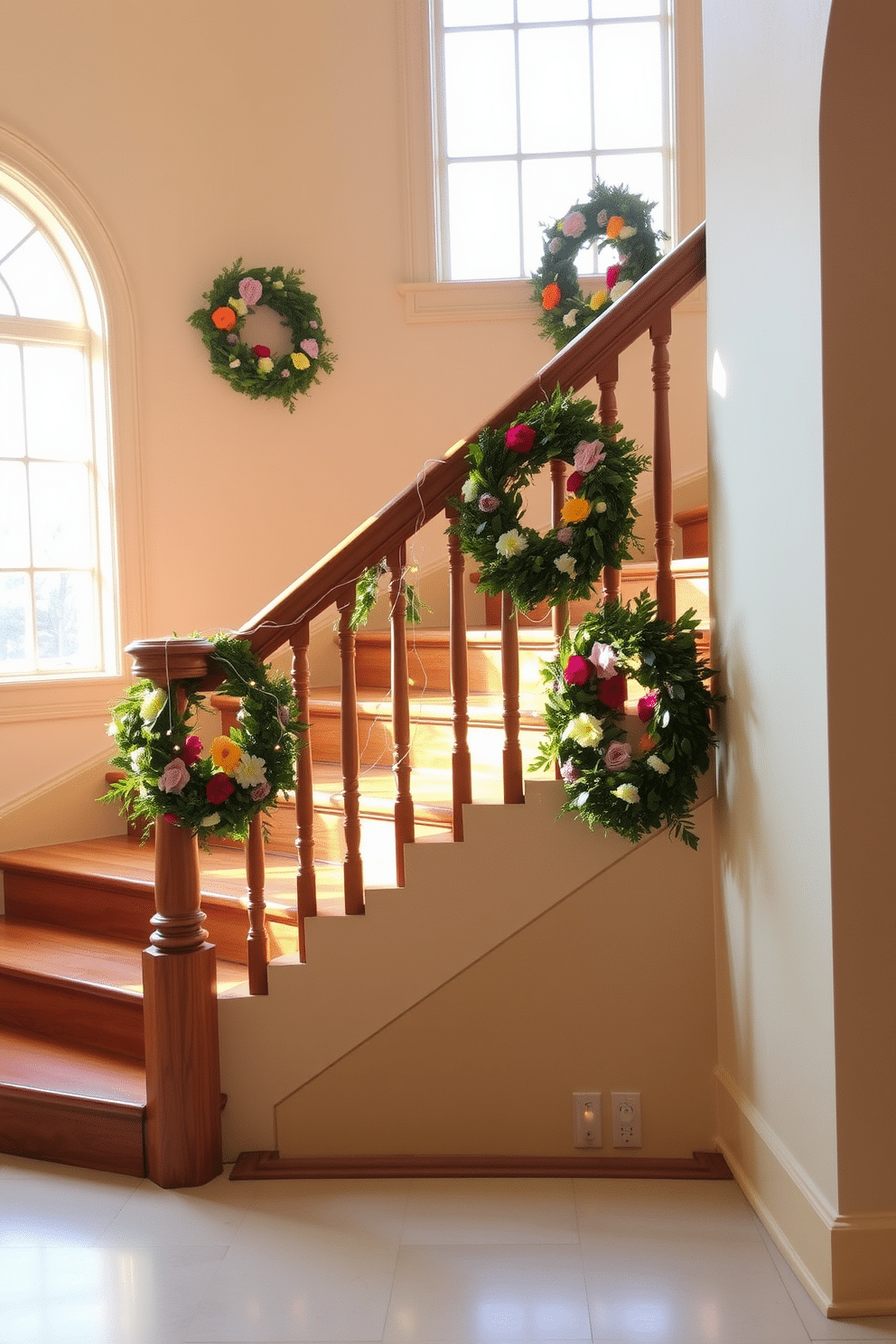 Decorative wreaths made of fresh greenery and colorful flowers adorn the railing of a beautifully designed staircase. The soft sunlight filters through the nearby window, casting gentle shadows that highlight the vibrant hues of the wreaths. The staircase features elegant wooden steps with a polished finish, creating a warm and inviting atmosphere. Complementing the wreaths, delicate fairy lights are intertwined along the railing, adding a touch of whimsy and charm to the spring decor.