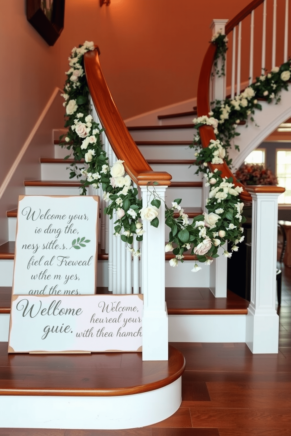 Charming wooden signs with inspirational quotes are placed along a beautifully decorated spring staircase. The signs feature soft pastel colors and elegant typography, complementing the fresh floral arrangements that adorn the staircase. Delicate garlands of greenery and blossoms drape over the banister, adding a touch of nature to the decor. Warm, inviting lighting illuminates the space, creating a cozy atmosphere perfect for welcoming guests.