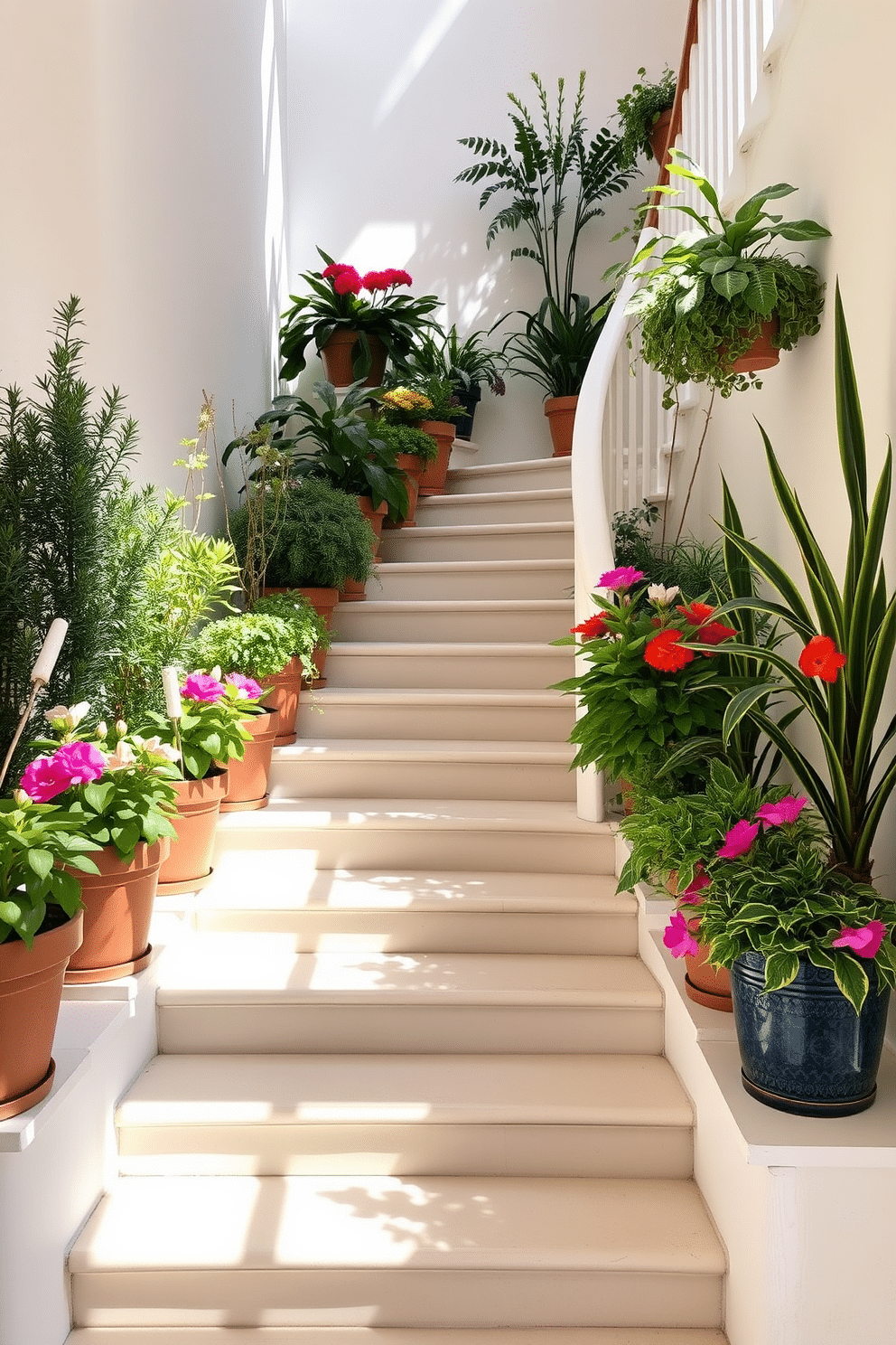 A charming staircase landing adorned with potted plants of varying heights and textures. The landing features a mix of vibrant green foliage and colorful blooms, creating a fresh and inviting atmosphere. Each pot is stylishly arranged on either side of the staircase, enhancing the architectural lines of the space. Natural light filters in, casting soft shadows and highlighting the beauty of the plants.