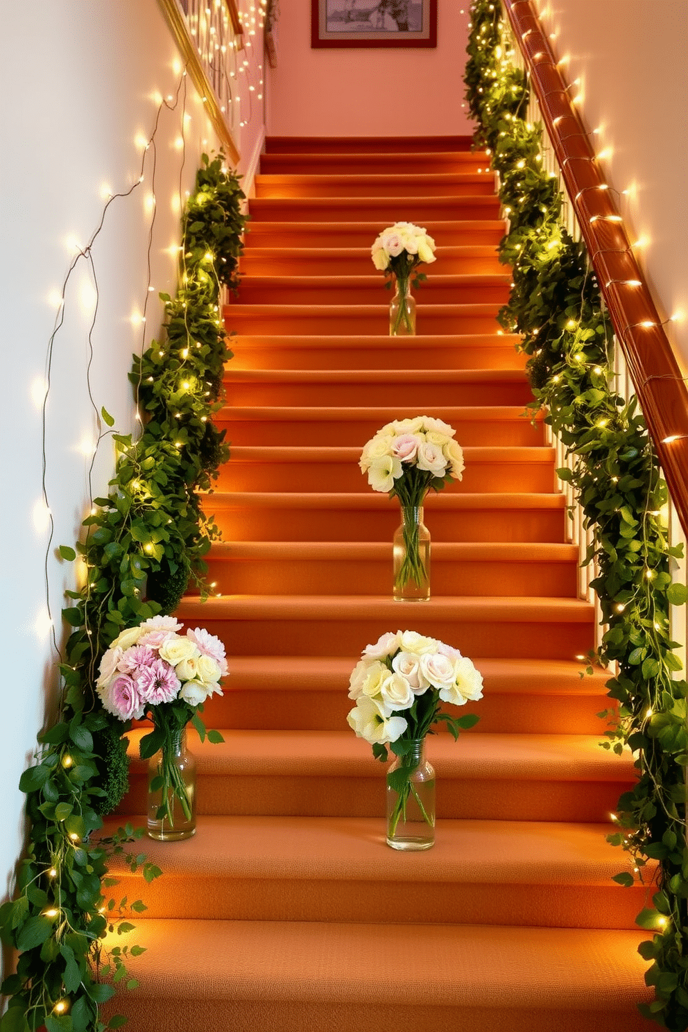 A charming staircase adorned with string lights creates a warm and inviting atmosphere. The lights cascade gently along the banister, illuminating the steps with a soft glow that enhances the spring decor. Fresh flowers in pastel hues are arranged in vases placed on each step, complementing the vibrant greenery surrounding the staircase. Delicate garlands of leaves are draped along the railing, adding a touch of nature to the elegant design.