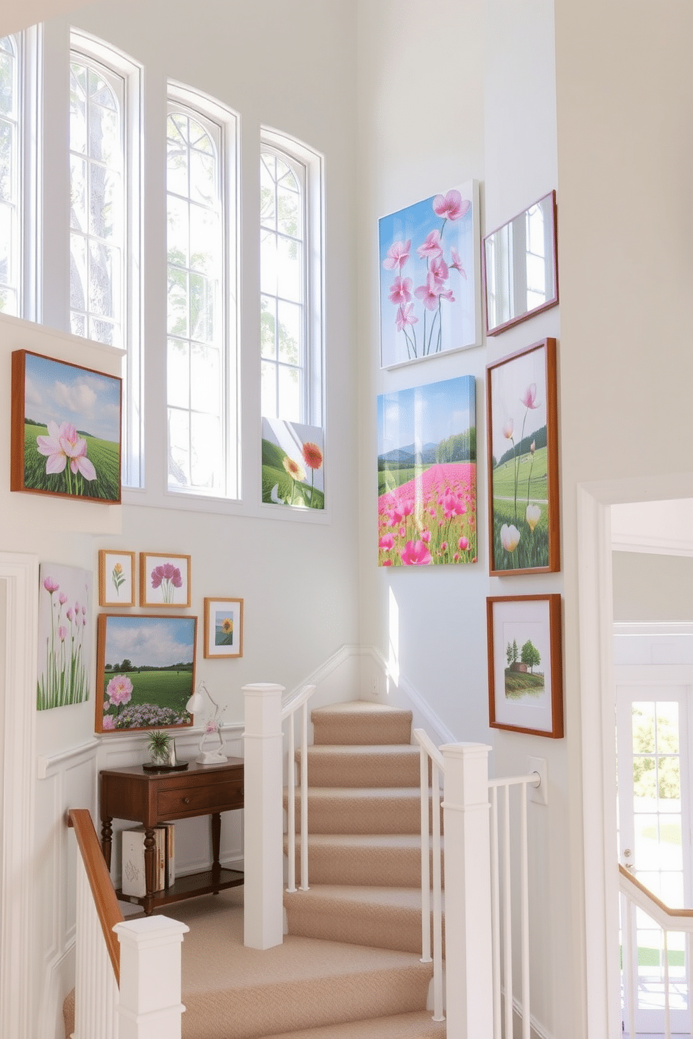 Seasonal artwork adorns the walls of a bright and airy staircase. The vibrant colors of spring flowers and landscapes create a cheerful atmosphere, inviting guests to ascend. Soft pastel hues dominate the decor, complementing the natural light streaming in from the large windows. A collection of framed prints and canvases adds a personal touch, enhancing the overall aesthetic of the space.