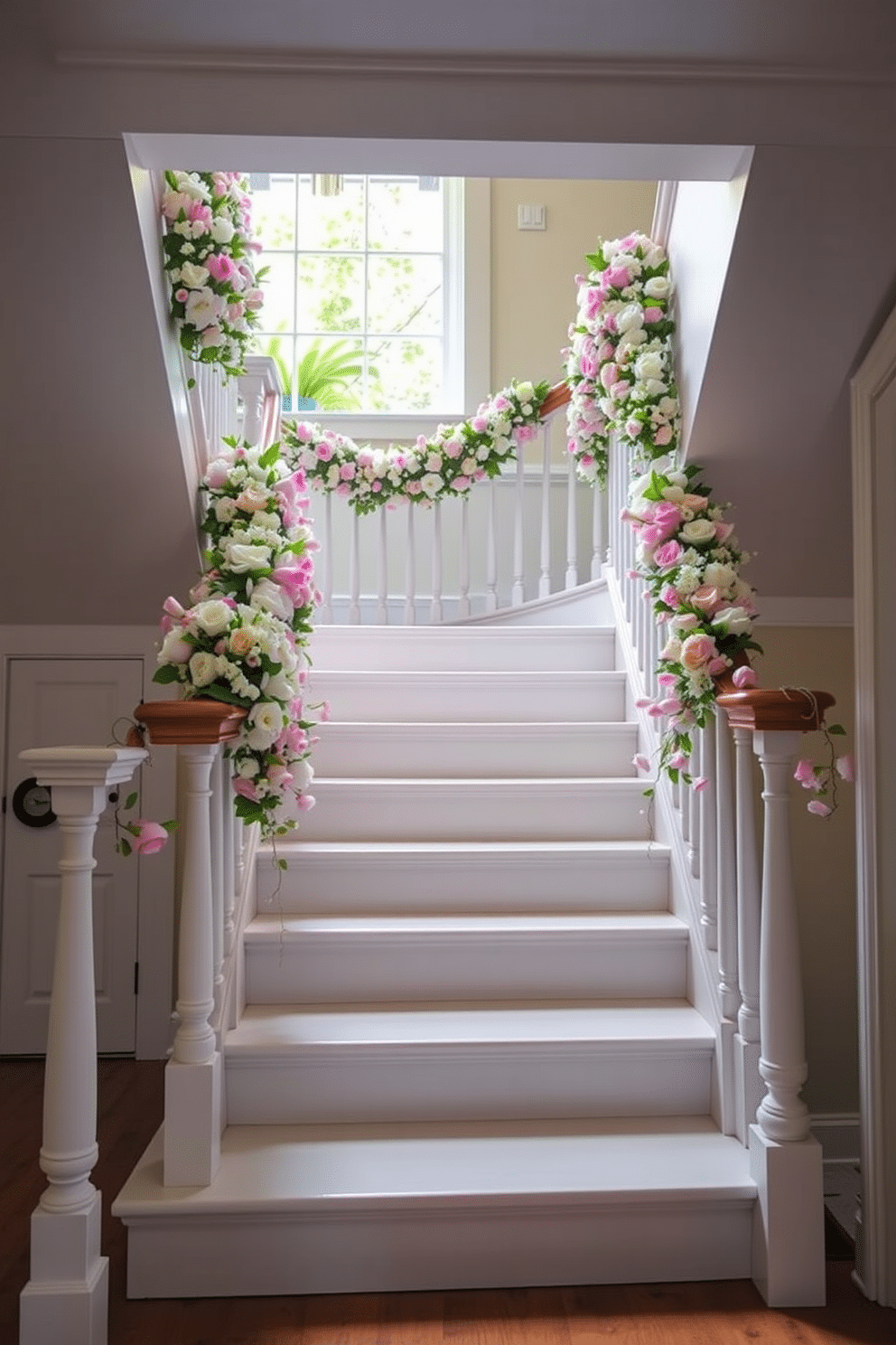 A charming staircase adorned with floral garlands gracefully draped along the banisters. The vibrant blooms in pastel hues create a lively and inviting atmosphere, enhancing the beauty of the spring season.