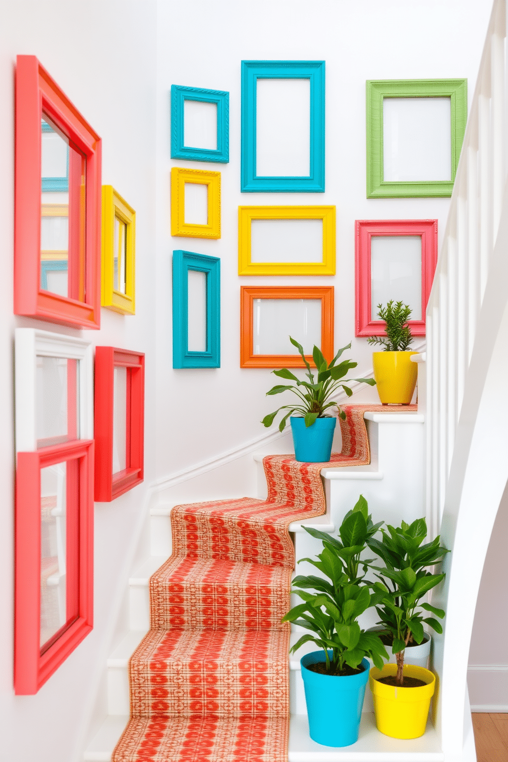 Brightly colored picture frames are arranged in a gallery style along a bright white wall. The frames feature a mix of vibrant colors such as turquoise, yellow, and coral, creating a cheerful and inviting atmosphere. The staircase is adorned with a handwoven runner in a playful pattern that complements the colorful frames. Potted plants are placed on the steps, adding a touch of greenery and life to the space.