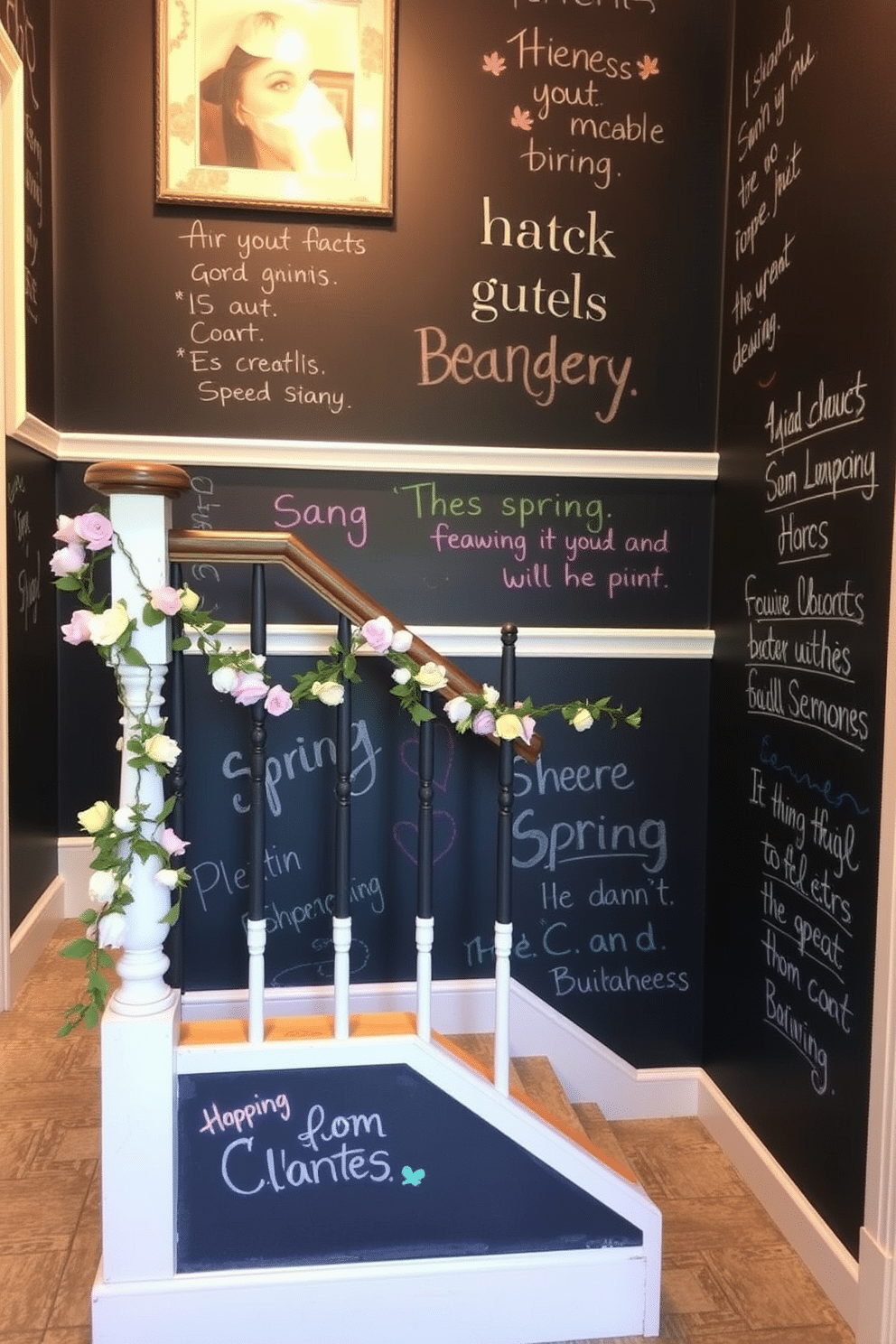 A charming staircase adorned with chalkboard paint invites creativity and seasonal messages. The walls are coated in a rich black chalkboard finish, providing a perfect backdrop for colorful spring-themed drawings and quotes. Delicate garlands of fresh flowers and pastel-colored decorations cascade down the banister. Soft lighting highlights the vibrant chalk art, creating a warm and inviting atmosphere for guests.