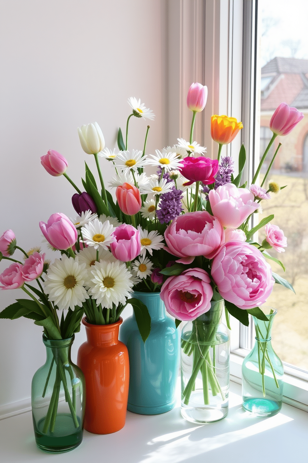 Fresh flowers in vibrant vases bring life to any room. Arrange a mix of tulips, daisies, and peonies in a sunny window for a cheerful spring display. Use various heights and shapes of vases to create visual interest. Incorporate pastel colors and natural elements to enhance the seasonal feel.