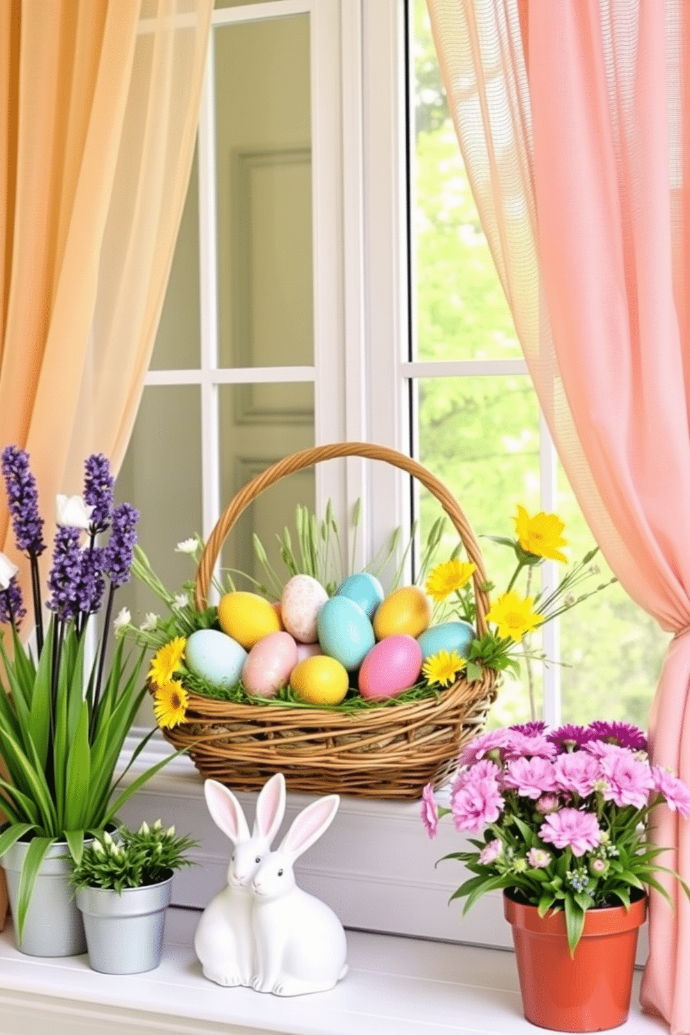 Easter-themed decorations for spring vibes. Colorful eggs are artistically arranged in a woven basket surrounded by fresh flowers and greenery. Spring window decorating ideas. Sheer curtains in pastel colors frame the window, with potted plants and decorative bunnies placed on the sill for a cheerful touch.