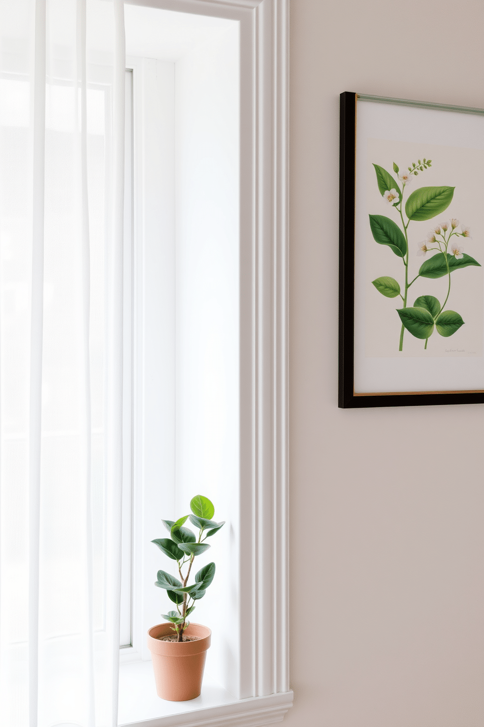 Framed botanical prints adorn the walls, bringing a touch of nature indoors. The prints feature vibrant green leaves and delicate flowers, creating a refreshing atmosphere. The window is dressed with sheer white curtains that gently filter the sunlight. A small potted plant sits on the windowsill, complementing the botanical theme and adding a lively touch.