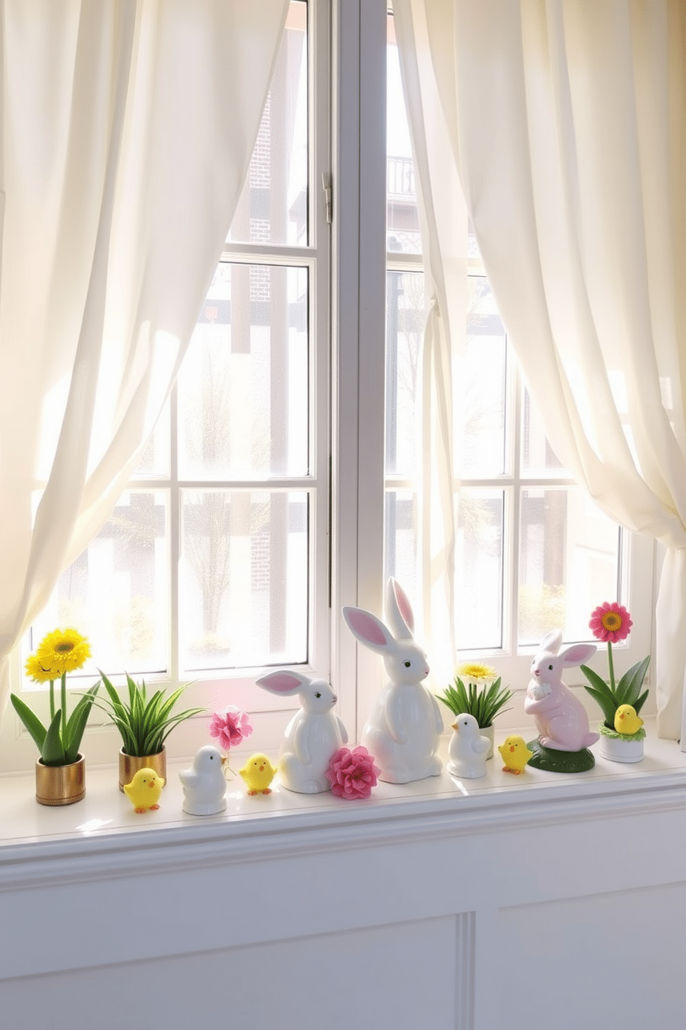 A cheerful spring window display featuring ceramic bunnies and chicks as charming accents. The window is adorned with soft pastel curtains that gently filter sunlight, creating a warm and inviting atmosphere.