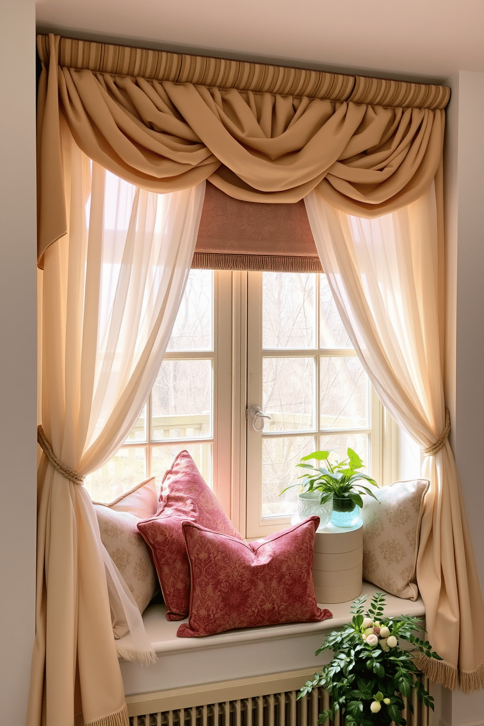 A cozy window setting adorned with layered fabrics that create a rich texture and inviting warmth. Sheer curtains in soft pastels drape gracefully alongside heavier drapes in a complementary color, allowing light to filter through gently. Decorative throw pillows in various patterns and textures are arranged on a window seat, enhancing the inviting atmosphere. A touch of greenery from potted plants on the sill adds a fresh, vibrant element to the spring decor.