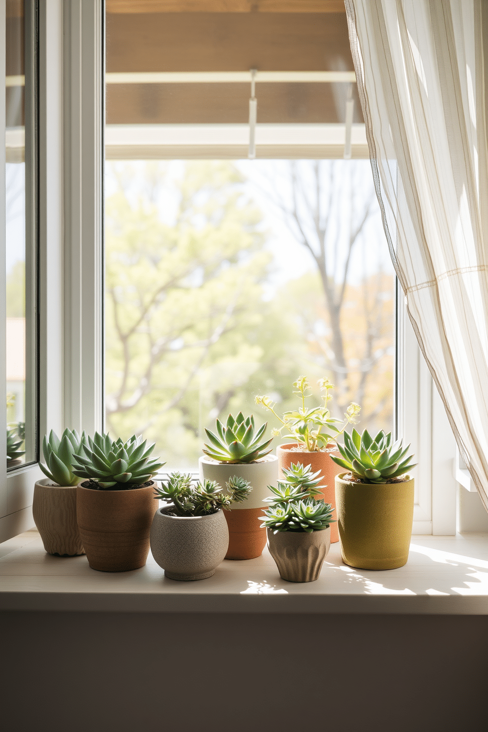 A bright and airy window display featuring an assortment of succulents in decorative pots. The pots vary in texture and color, arranged on a wooden windowsill that lets in ample natural light. The vibrant greenery of the succulents contrasts beautifully with the soft pastel hues of the window treatments. Delicate sheer curtains flutter gently in the breeze, enhancing the fresh and inviting atmosphere of spring.