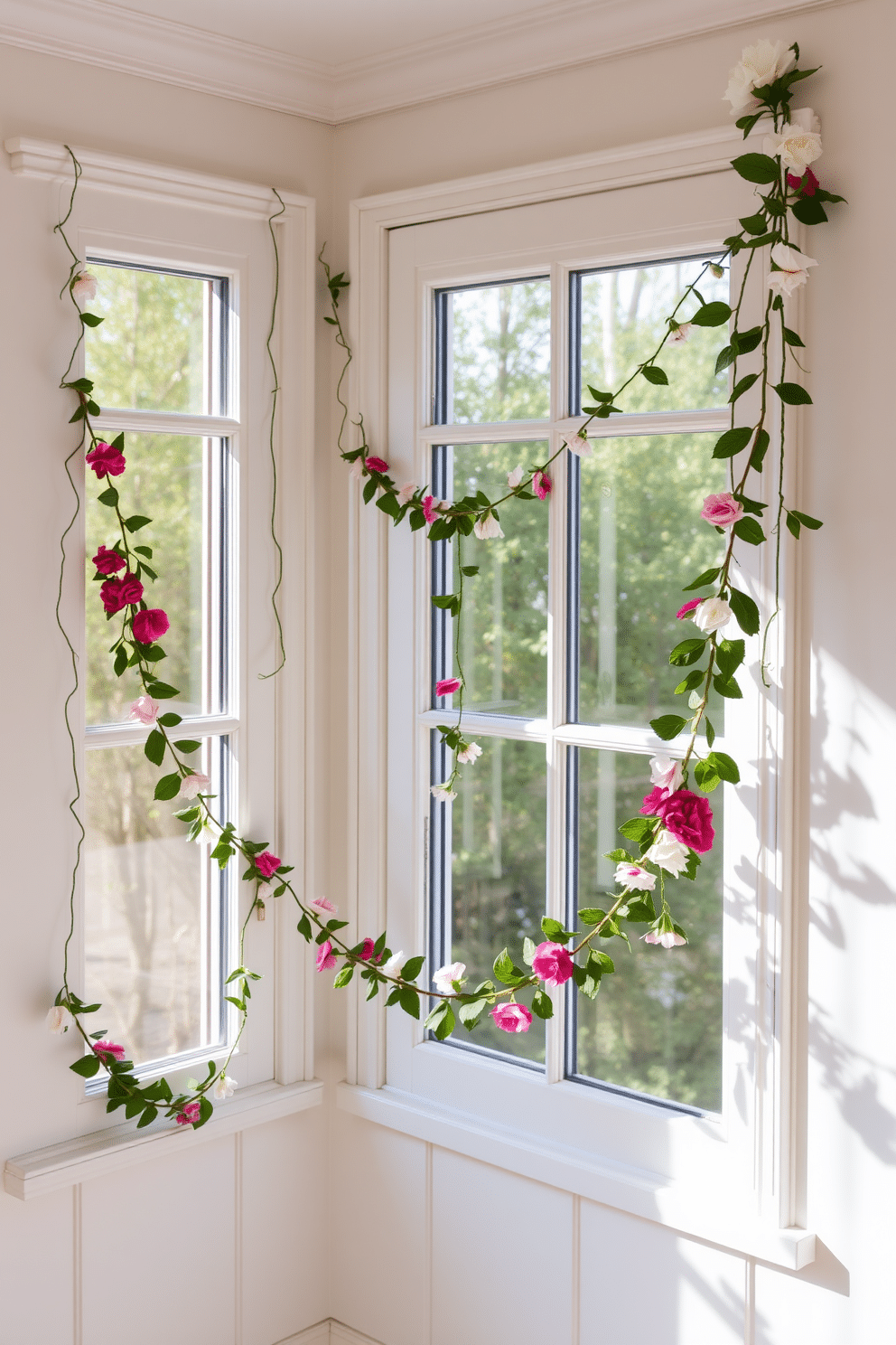 A bright and airy spring-themed room adorned with delicate garlands draped gracefully across the windows. The garlands are made of vibrant flowers and lush greenery, creating a cheerful atmosphere that invites the beauty of the season indoors.