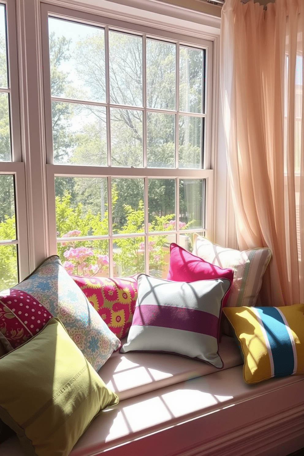 Colorful throw pillows in various patterns and textures adorn a cozy window seat, creating a vibrant and inviting atmosphere. Sunlight streams through the large windows, illuminating the cheerful colors and enhancing the fresh spring vibe of the room. The window seat is surrounded by lush greenery outside, complementing the playful hues of the pillows. Delicate sheer curtains flutter gently in the breeze, adding to the light and airy feel of the spring decor.