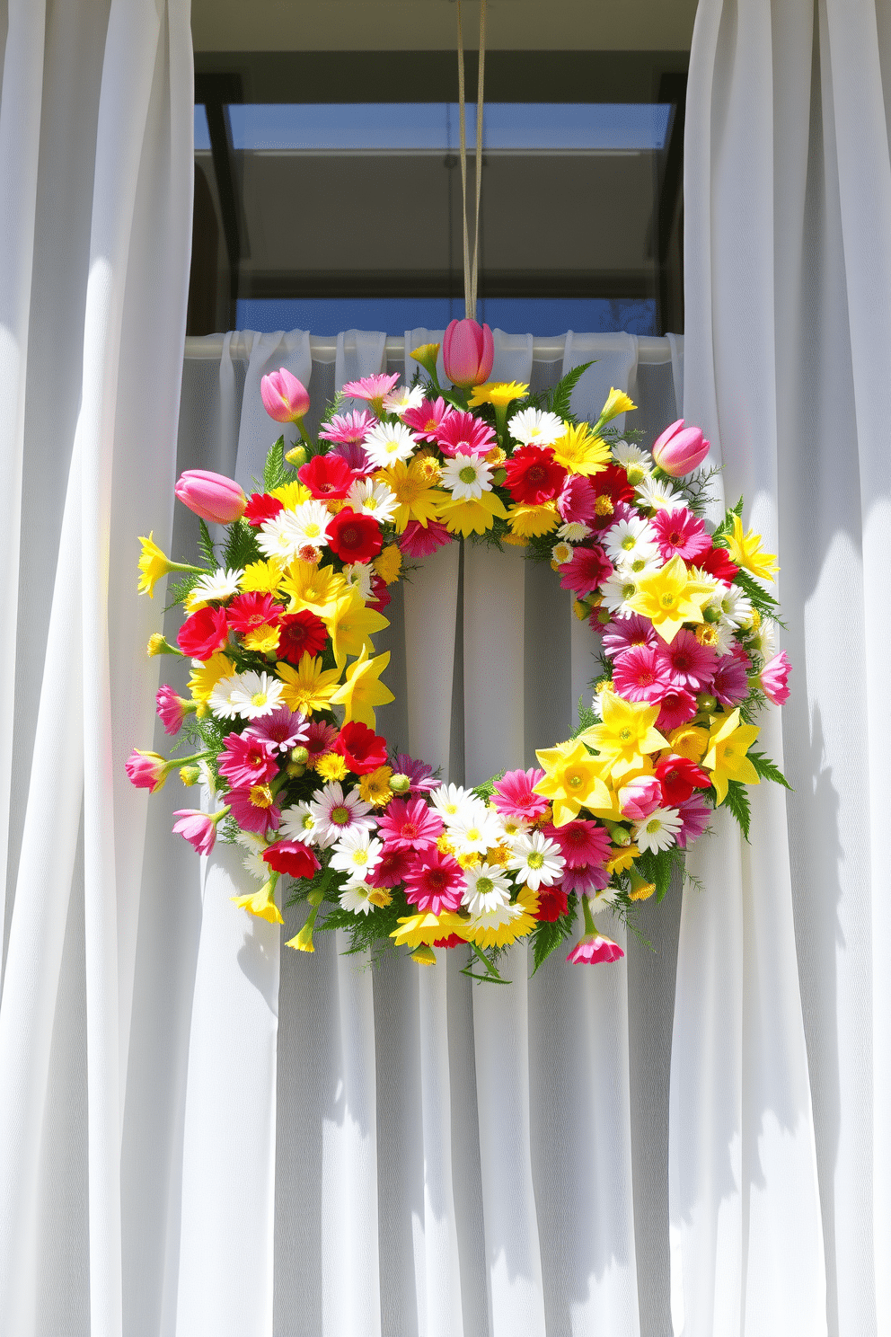 A vibrant seasonal wreath made of fresh flowers hangs on a bright window adorned with sheer white curtains. The arrangement features an array of colorful blooms, including tulips, daisies, and daffodils, creating a cheerful and inviting atmosphere.