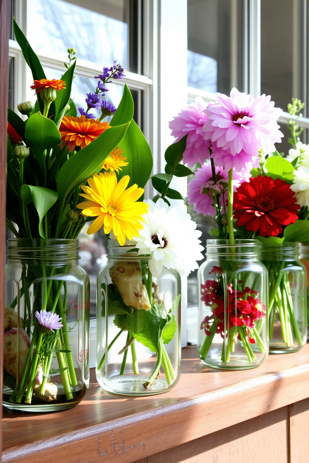 A charming spring window display featuring glass jars filled with vibrant flowers and fresh greenery. The jars are arranged on a wooden windowsill, allowing natural light to illuminate the colorful contents inside.