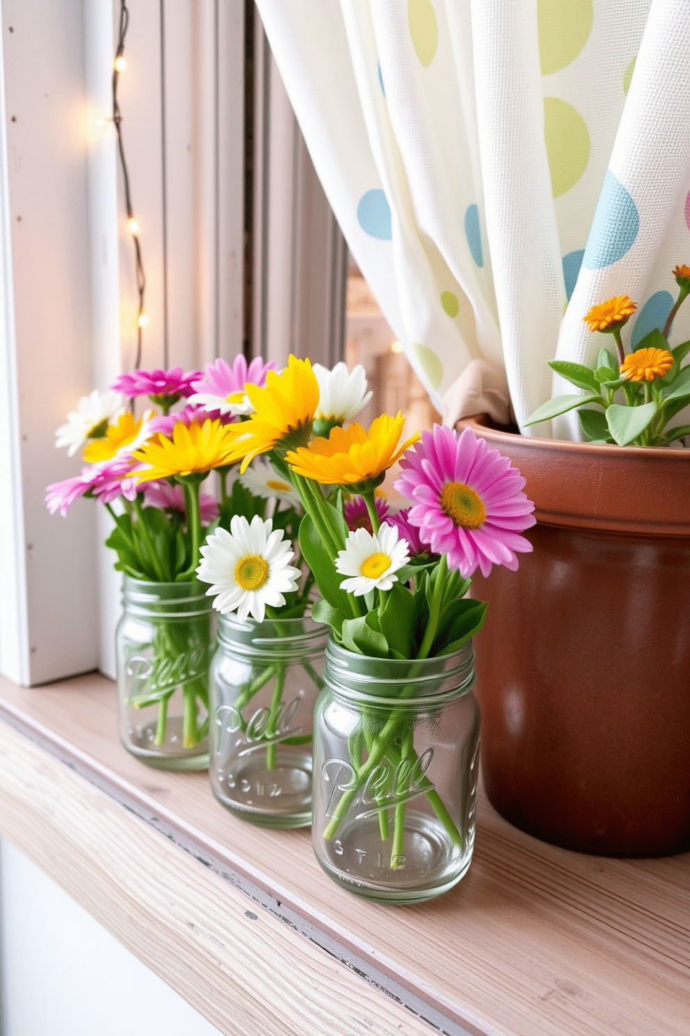 Miniature flower arrangements in mason jars create a charming and fresh atmosphere. The jars are filled with an assortment of colorful blooms, such as daisies and tulips, and are placed on a rustic wooden windowsill. For spring window decorating ideas, consider layering sheer curtains with vibrant, patterned drapes. Add decorative elements like hanging string lights or small potted plants to enhance the cheerful ambiance.